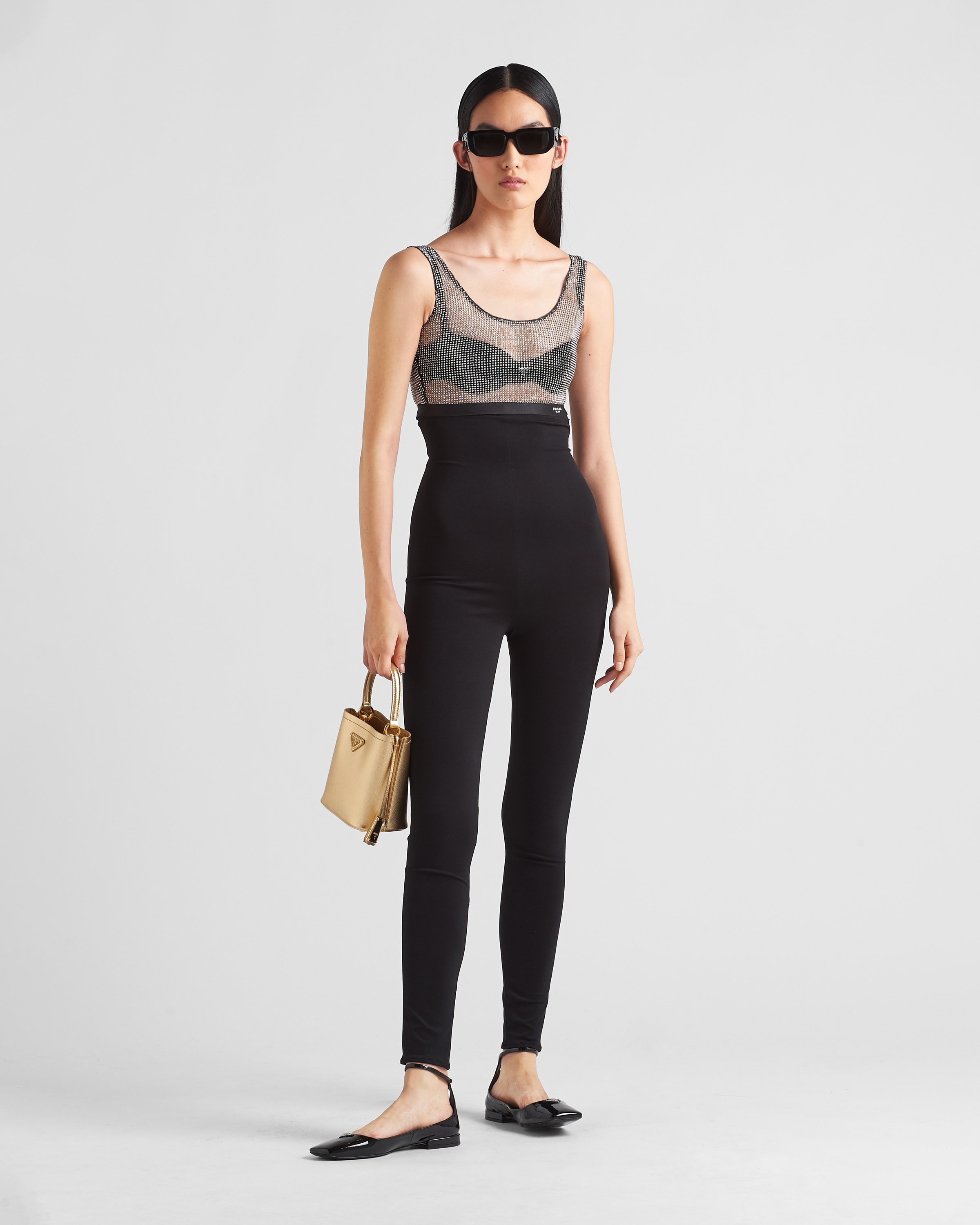 Prada Embroidered Rhinestone Mesh Top In Black