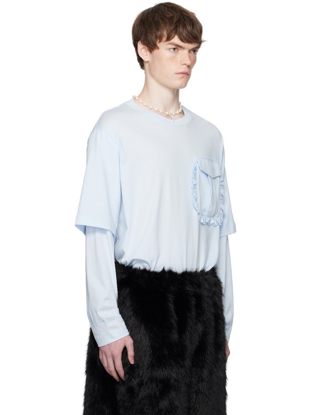 Blue Layered Ruffle Pocket Long Sleeve T-shirt - 2