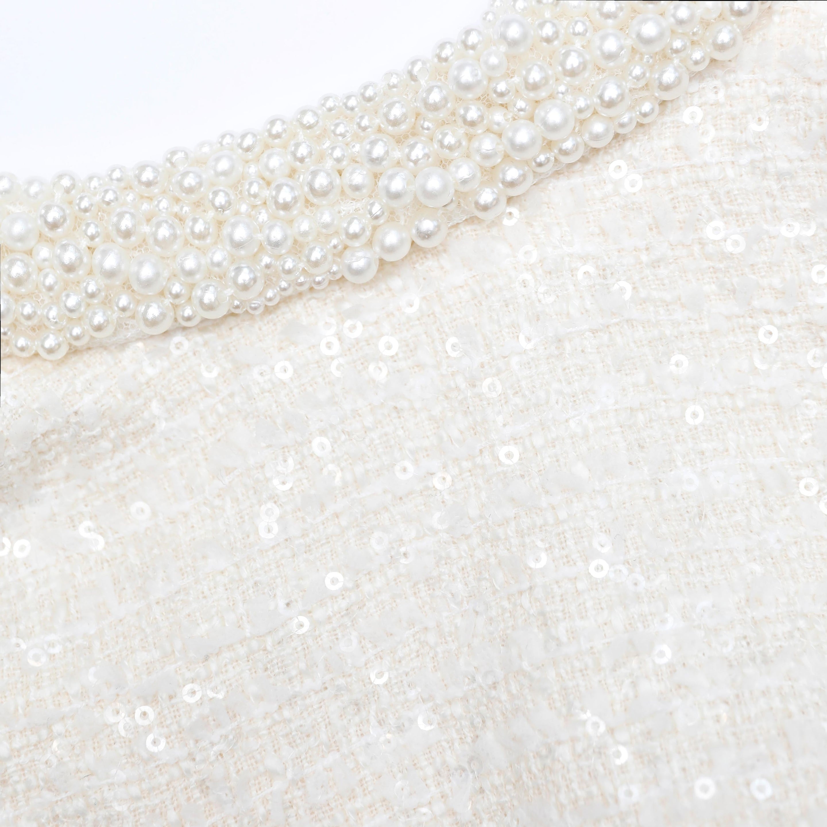 Cream Boucle Pearl Trim Mini Dress - 5