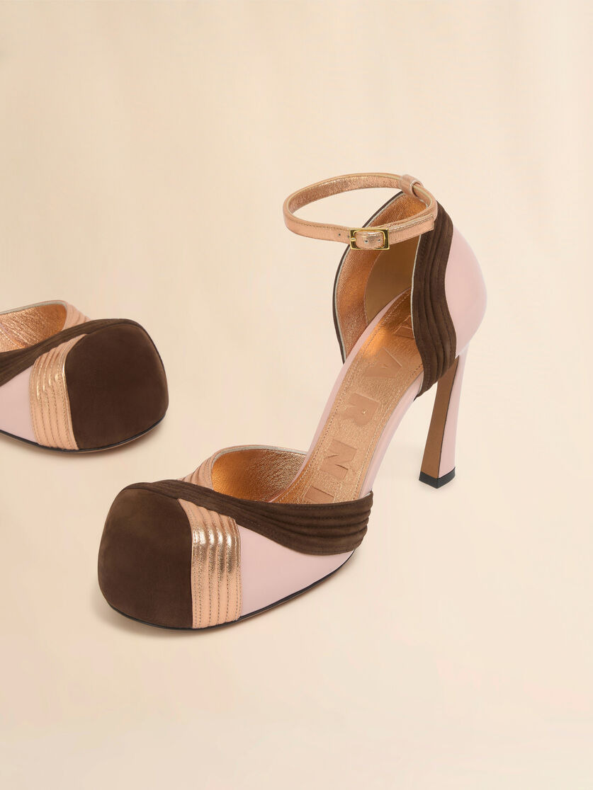 PINK AND BROWN SUEDE AND METALLIC LEATHER NEW WAVE PUMP - 5