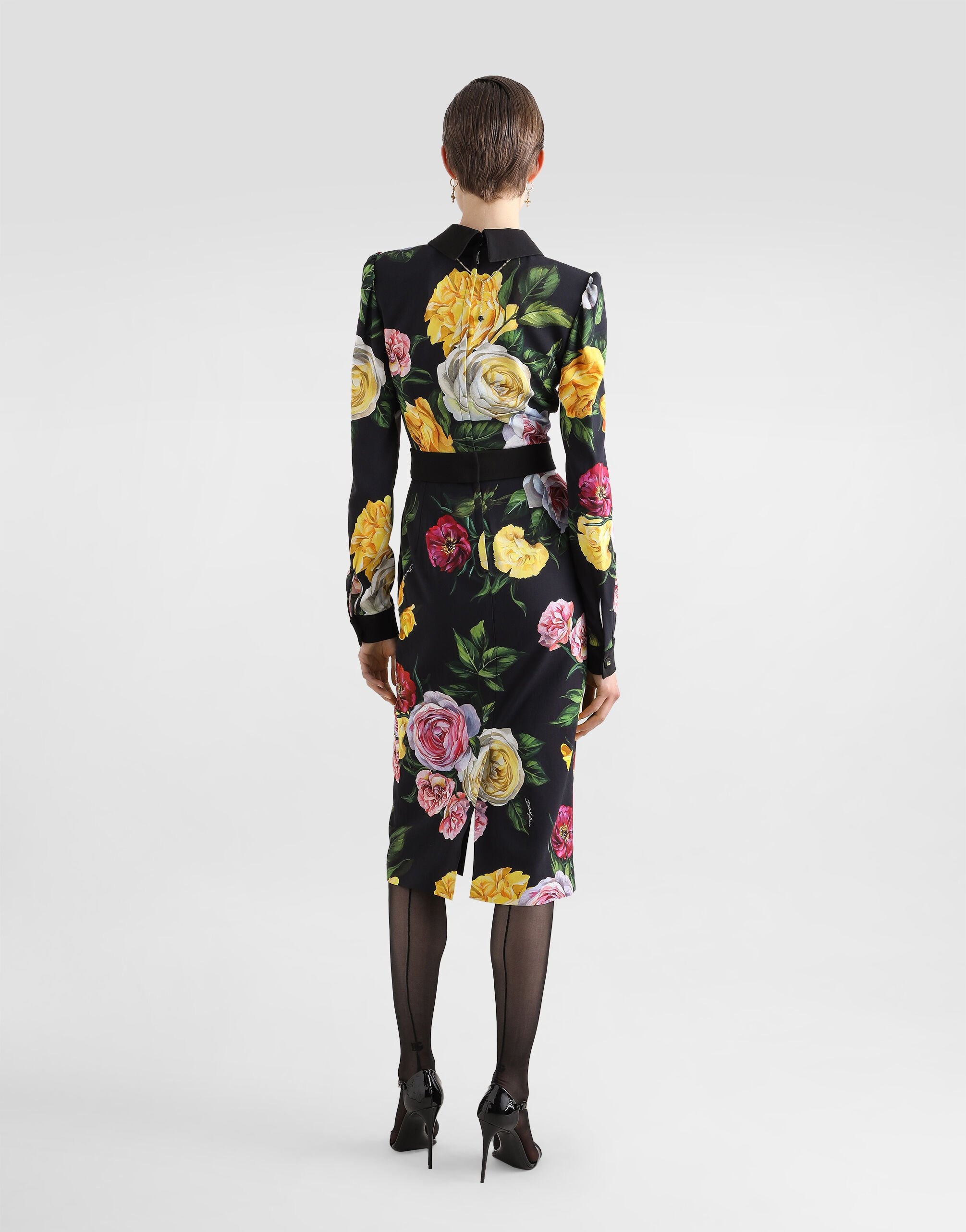 Calf-length cady shirt dress with peony and rose print - 3