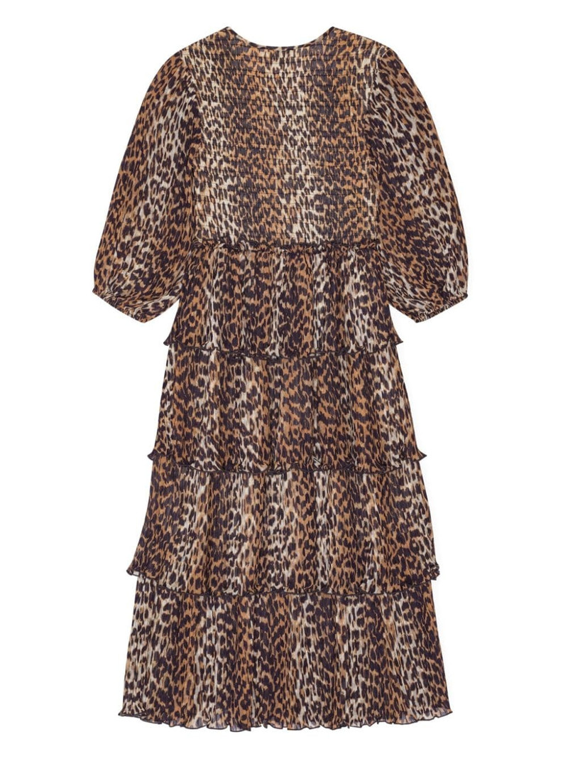 GANNI leopard-print short-sleeve layered midi dress outlook