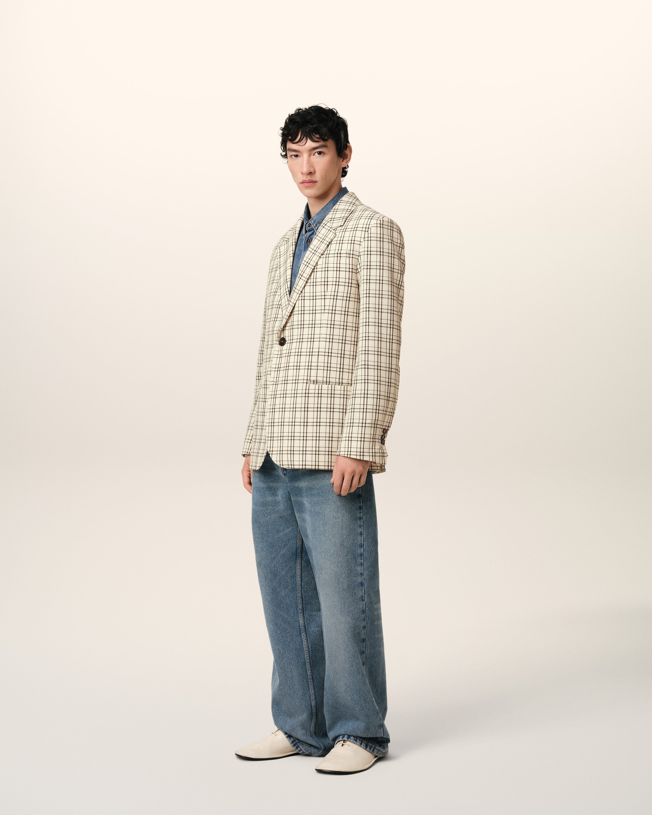BEIGE CHECKED WOOL SEMI-LINED JACKET - 6
