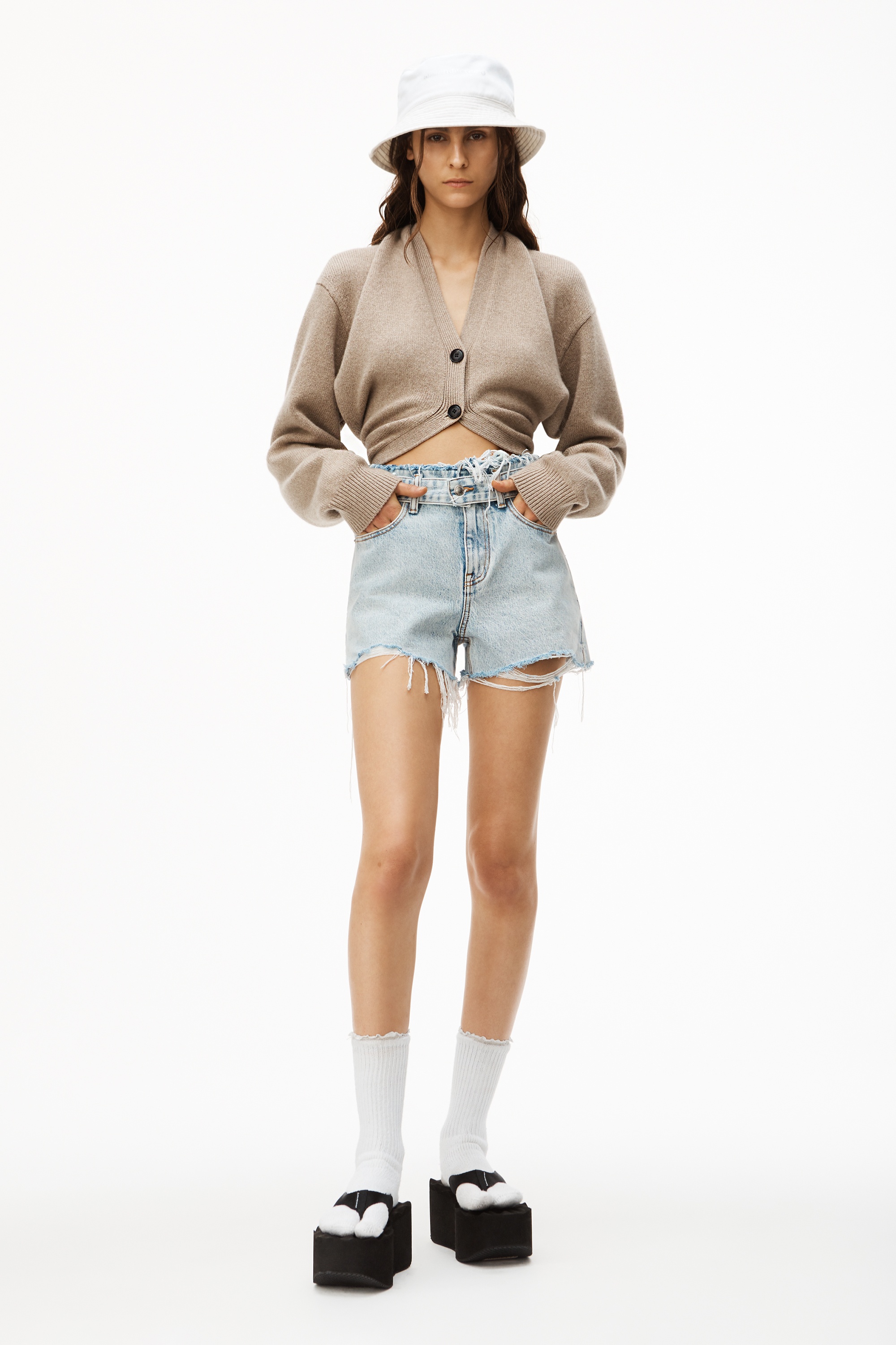 Alexander Wang BELTED FRAYED BITE SHORT IN DENIM | REVERSIBLE
