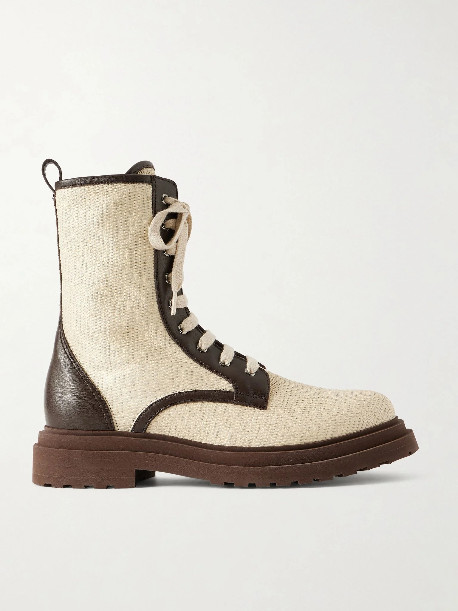 Lace-up leather-trimmed raffia boots Neutral - 1