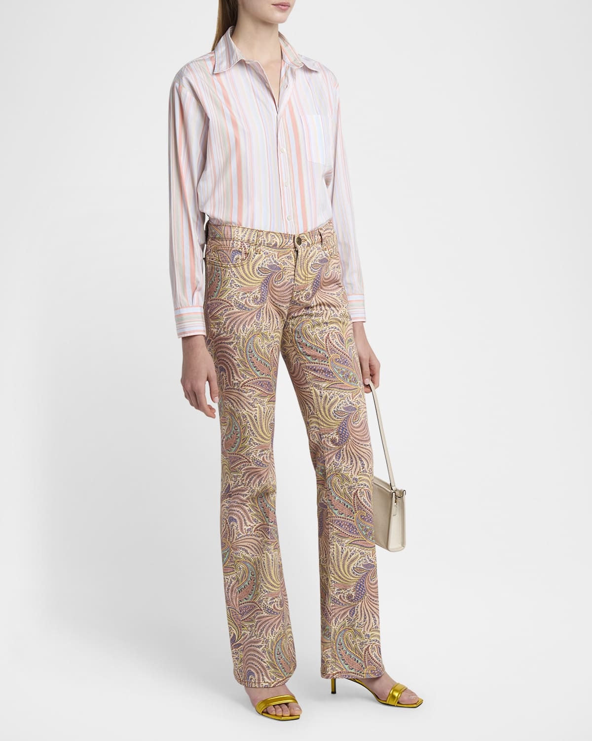 Foliage Neutral Romantic Stretch Denim Flare Trousers - 2