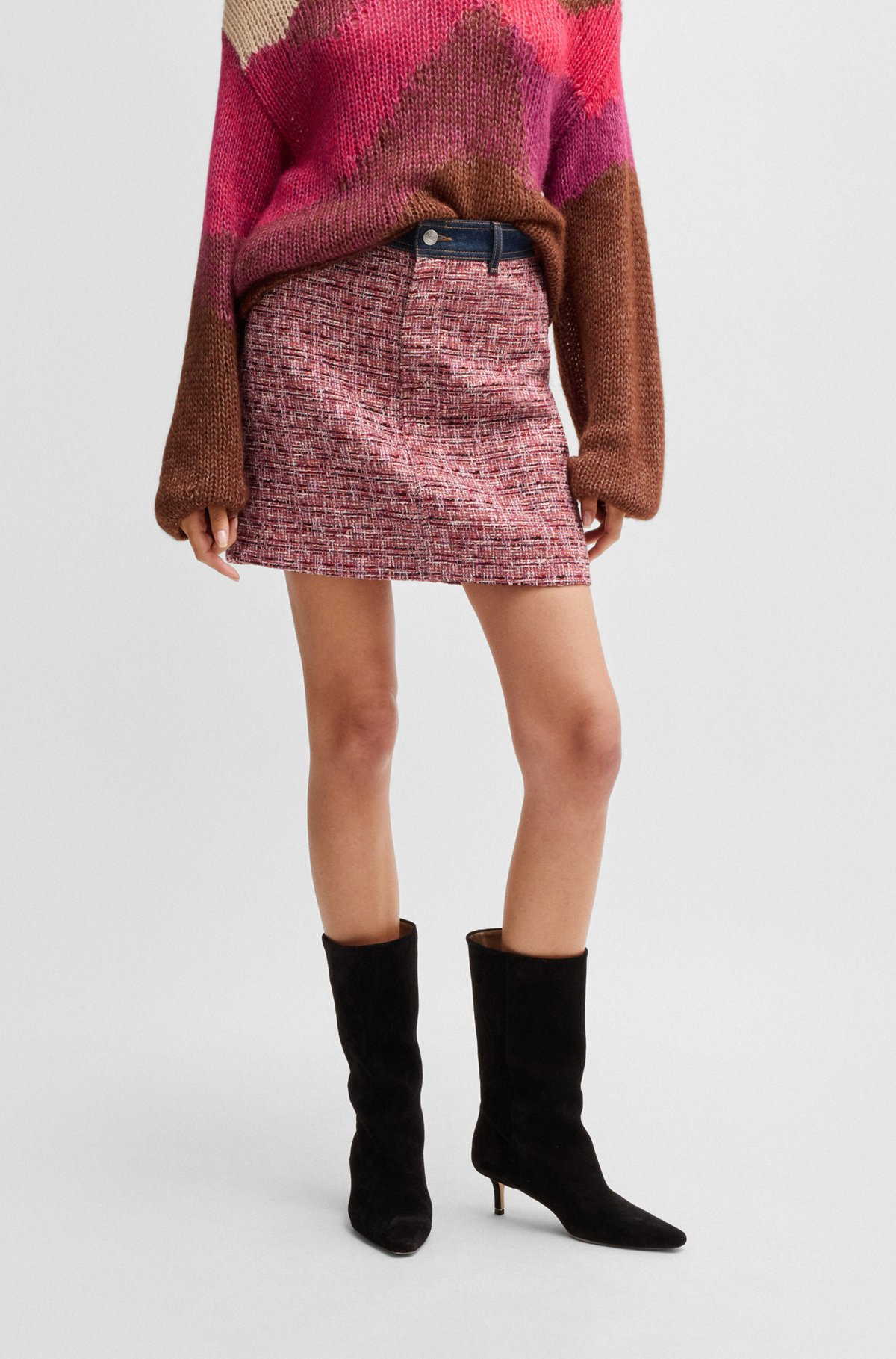 MULTICOLORED-TWEED A-LINE SKIRT WITH DENIM TRIMS - 2