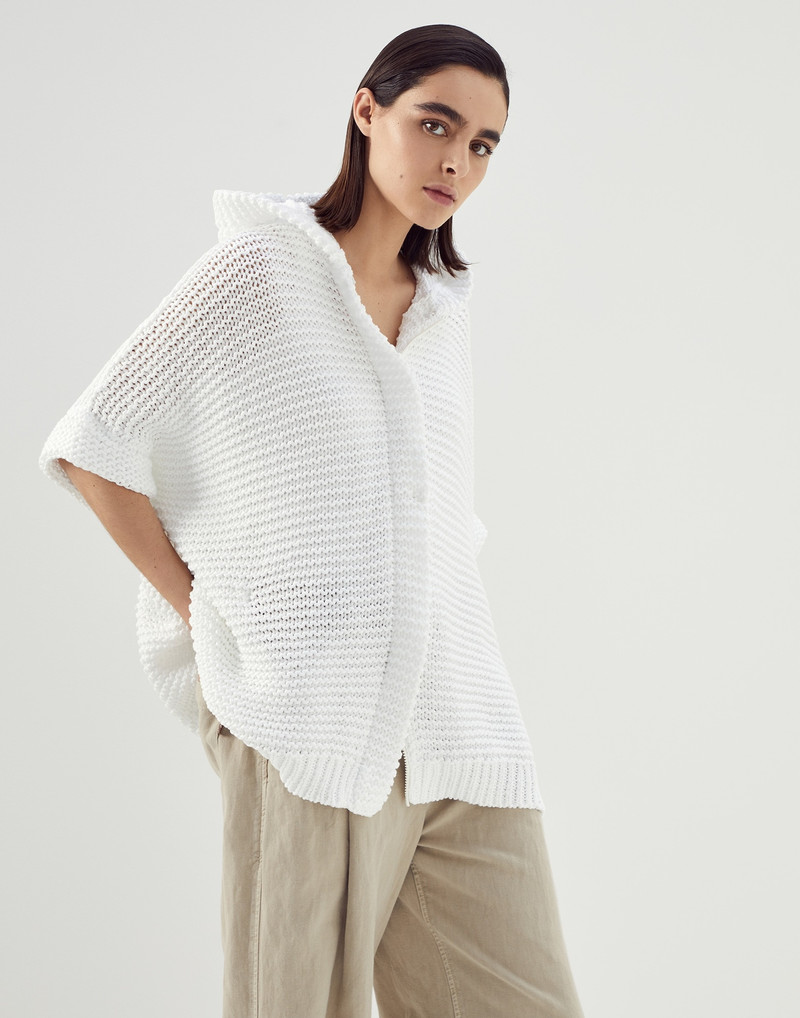 Cotton soft feather yarn link stitch poncho-style cardigan with monili 1