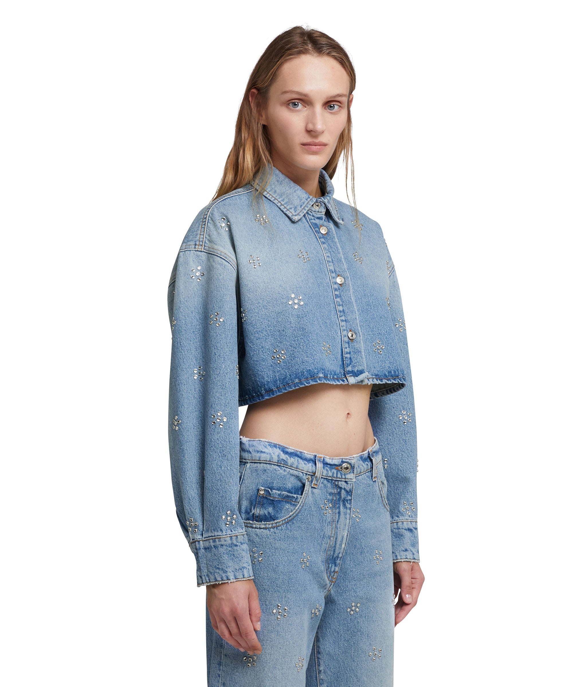 Blue denim  crop shirt with rhinestone daisy application - 4