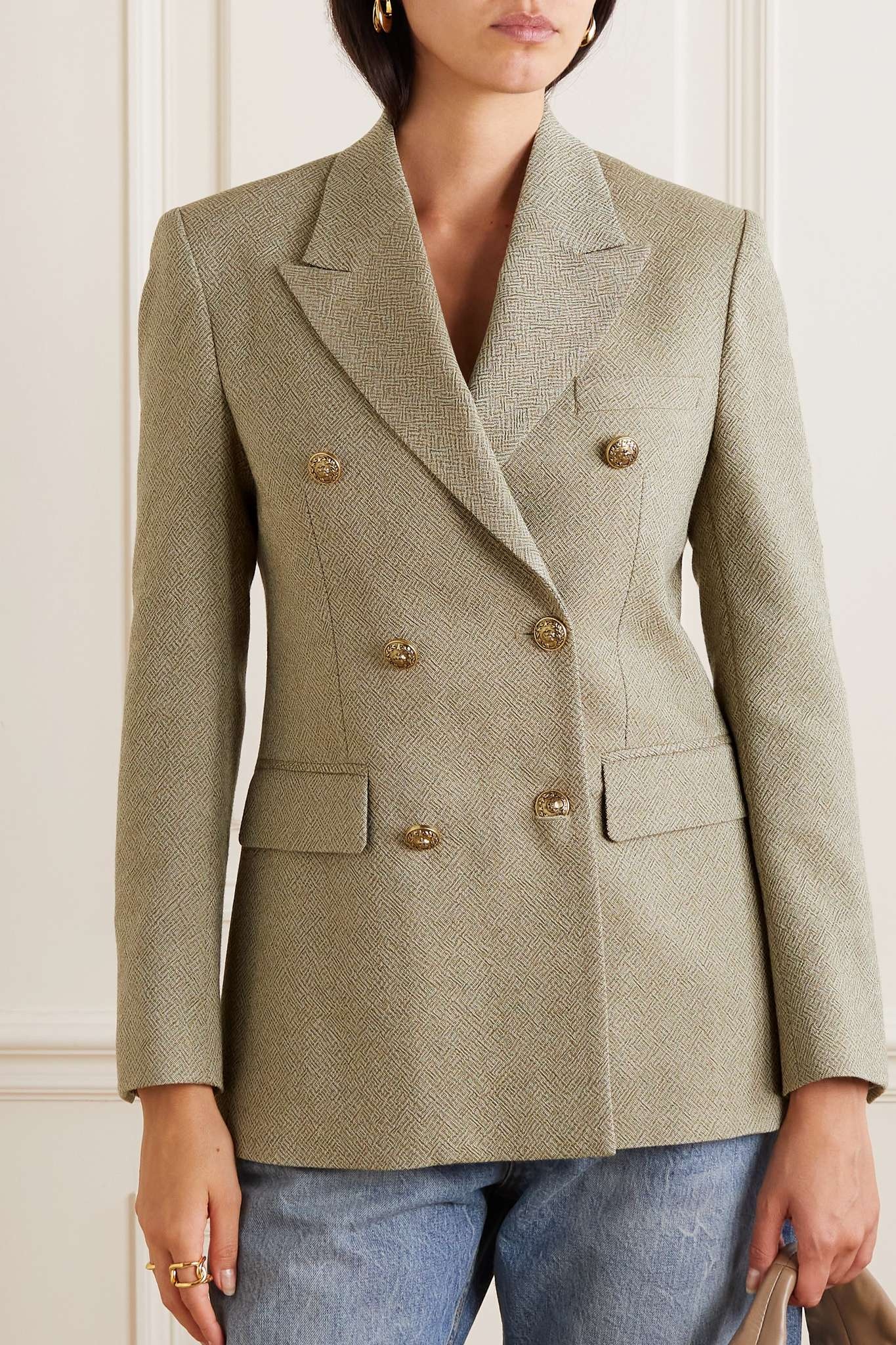 Women's double-breasted blazer in sand with gold heraldic buttons