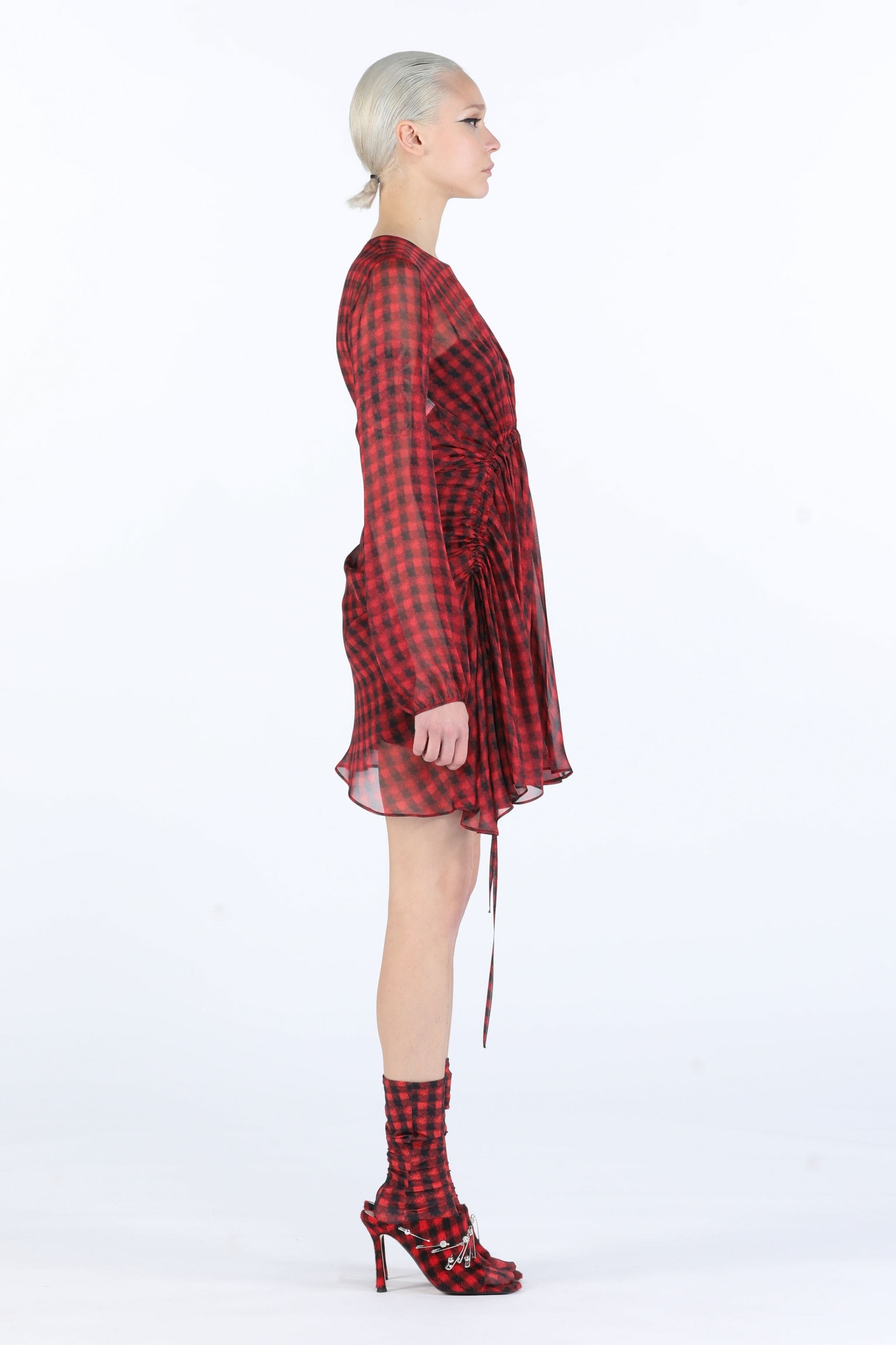 CHECKED GATHERED SILK MINI DRESS - 3
