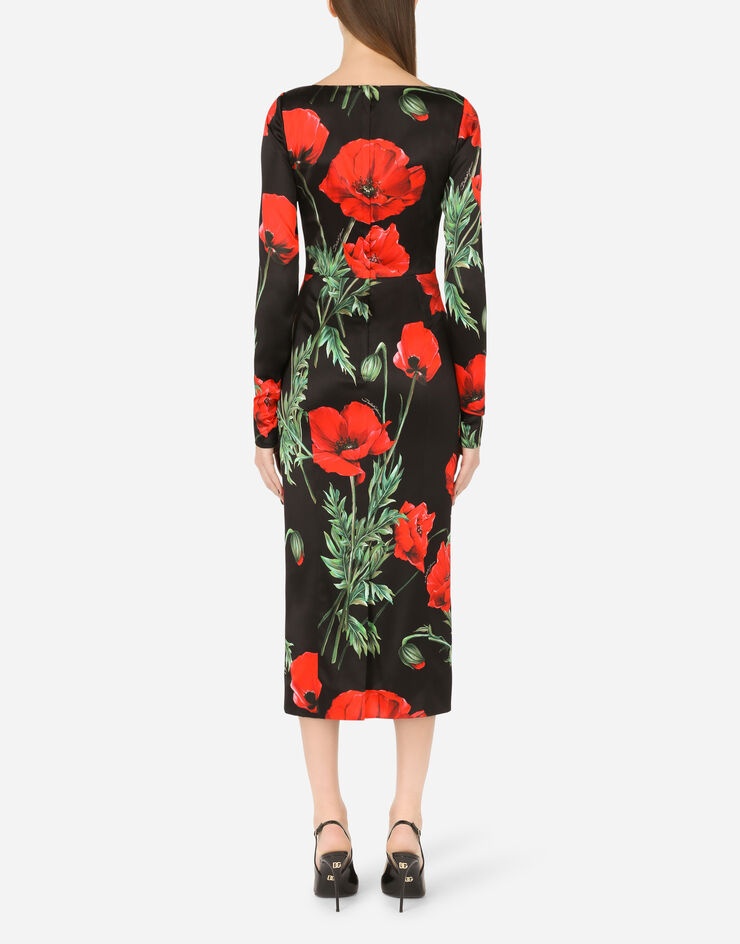 Satin calf-length dress with poppy print - 2