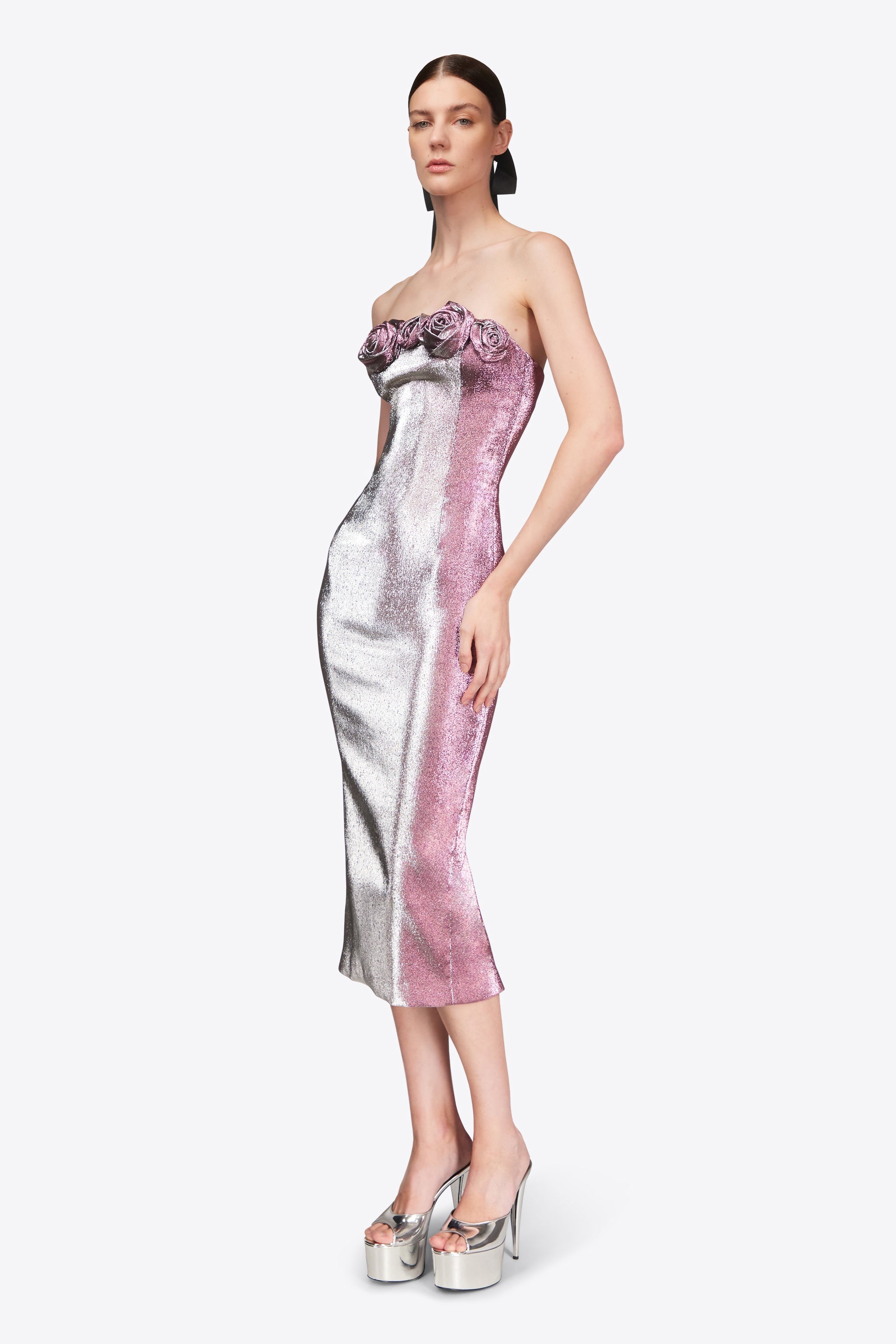 STRETCH LAME ROSETTE MIDI DRESS - 3