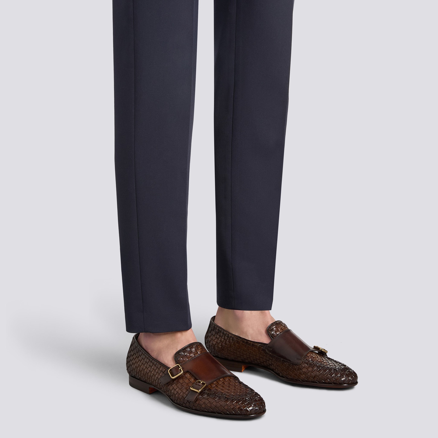 Men's dark brown woven leather double-buckle loafer - 2