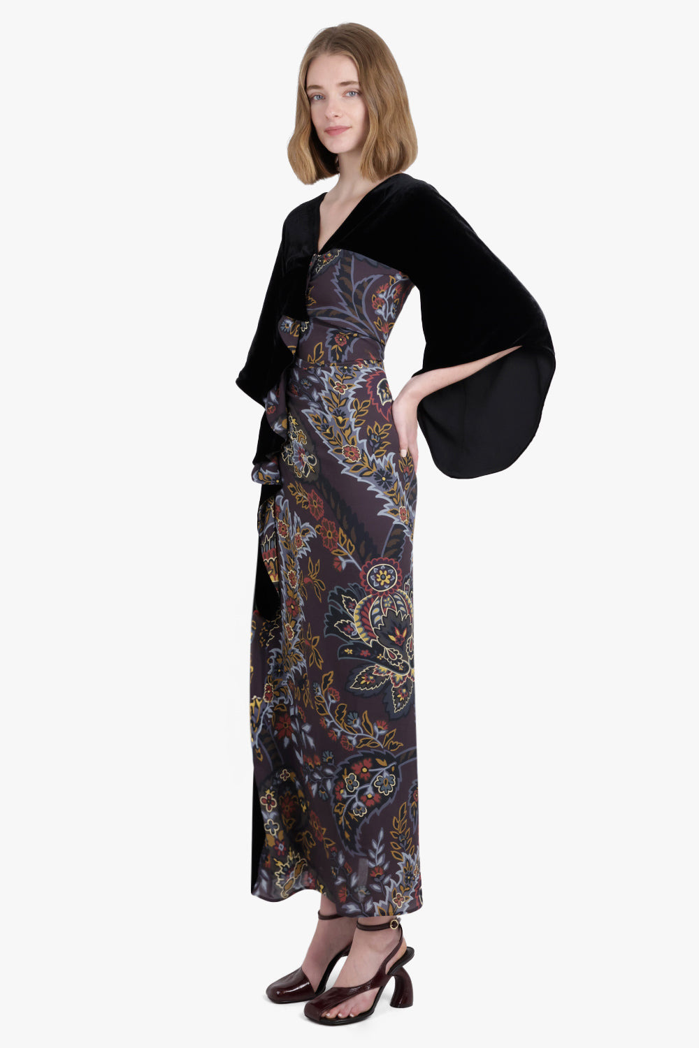 KIMONO STYLE DRAPED FLORAL PRINT MIDI DRESS | BLACK/MULTI - 2