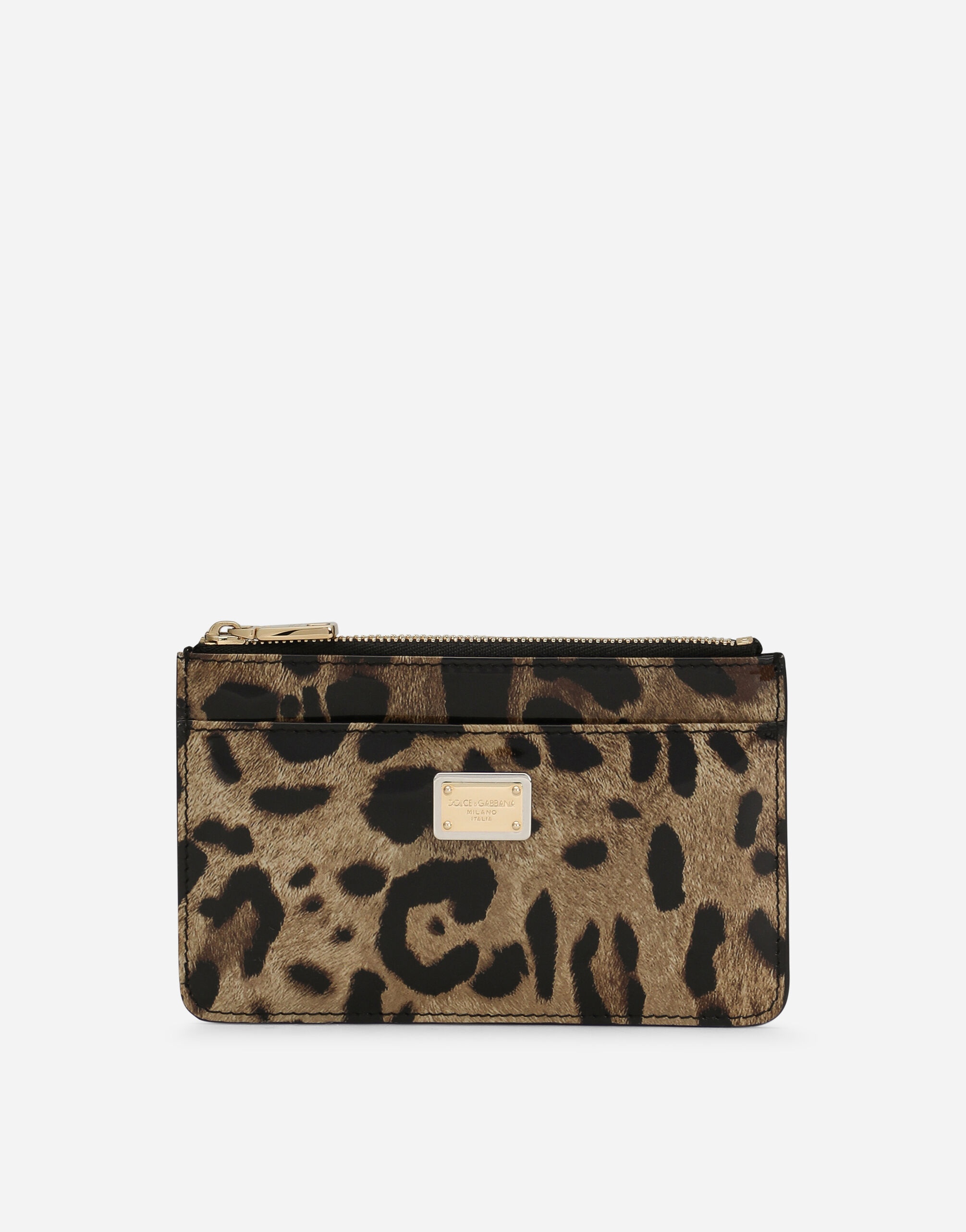 Medium leopard-print polished calfskin card holder with zipper - 1