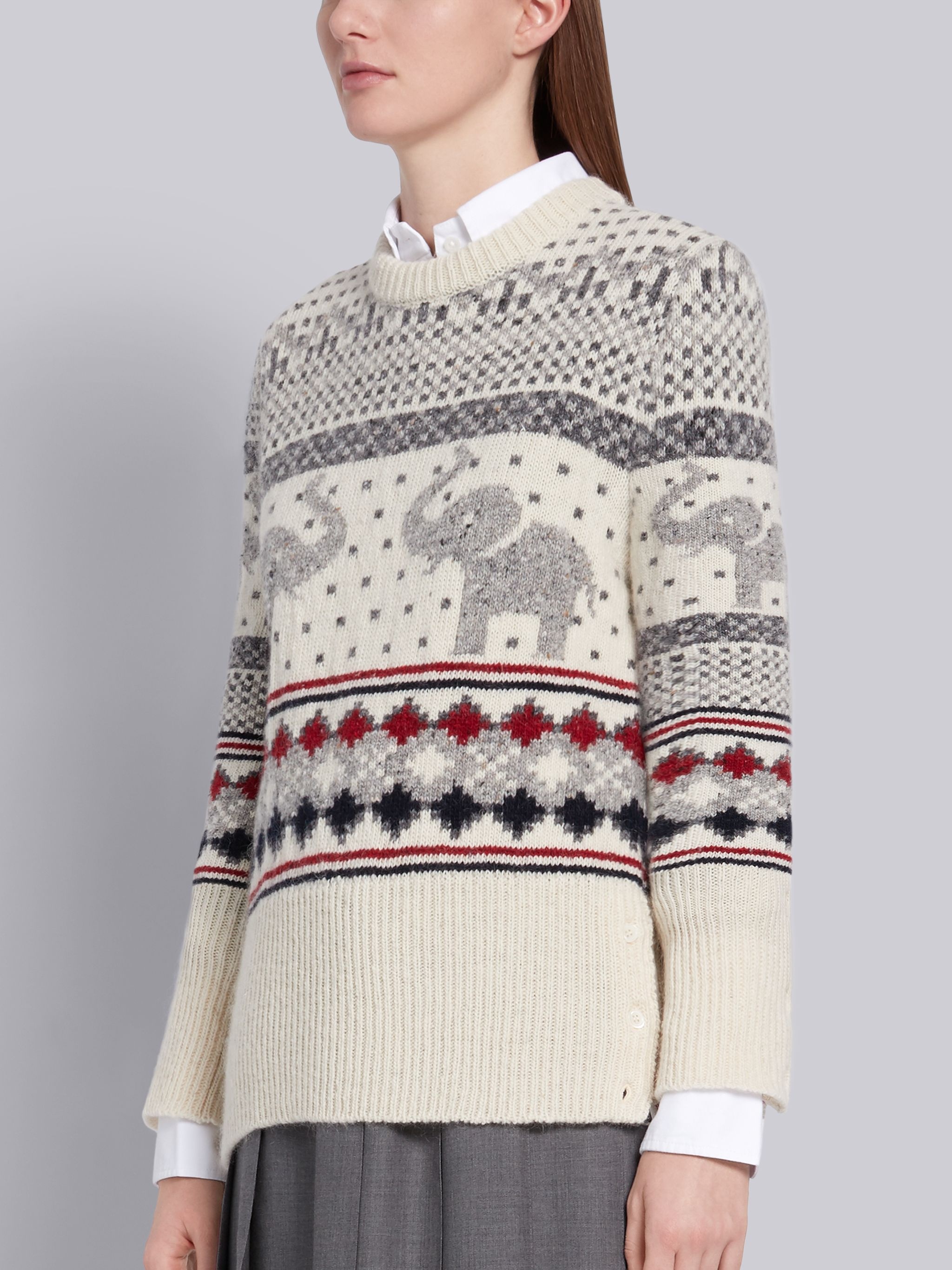 White Mohair Wool Tweed Elephant Icon Fair Isle Crewneck Pullover - 2