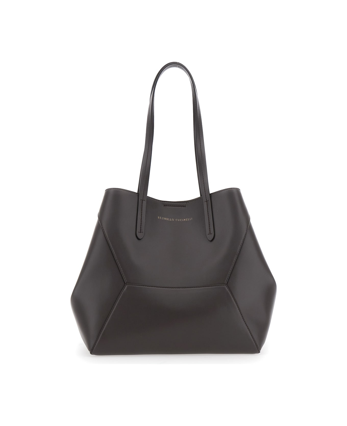 Brown Tote Bag With Logo Lettering On The Front And Geometric Panels Design In Leather Woman - 3
