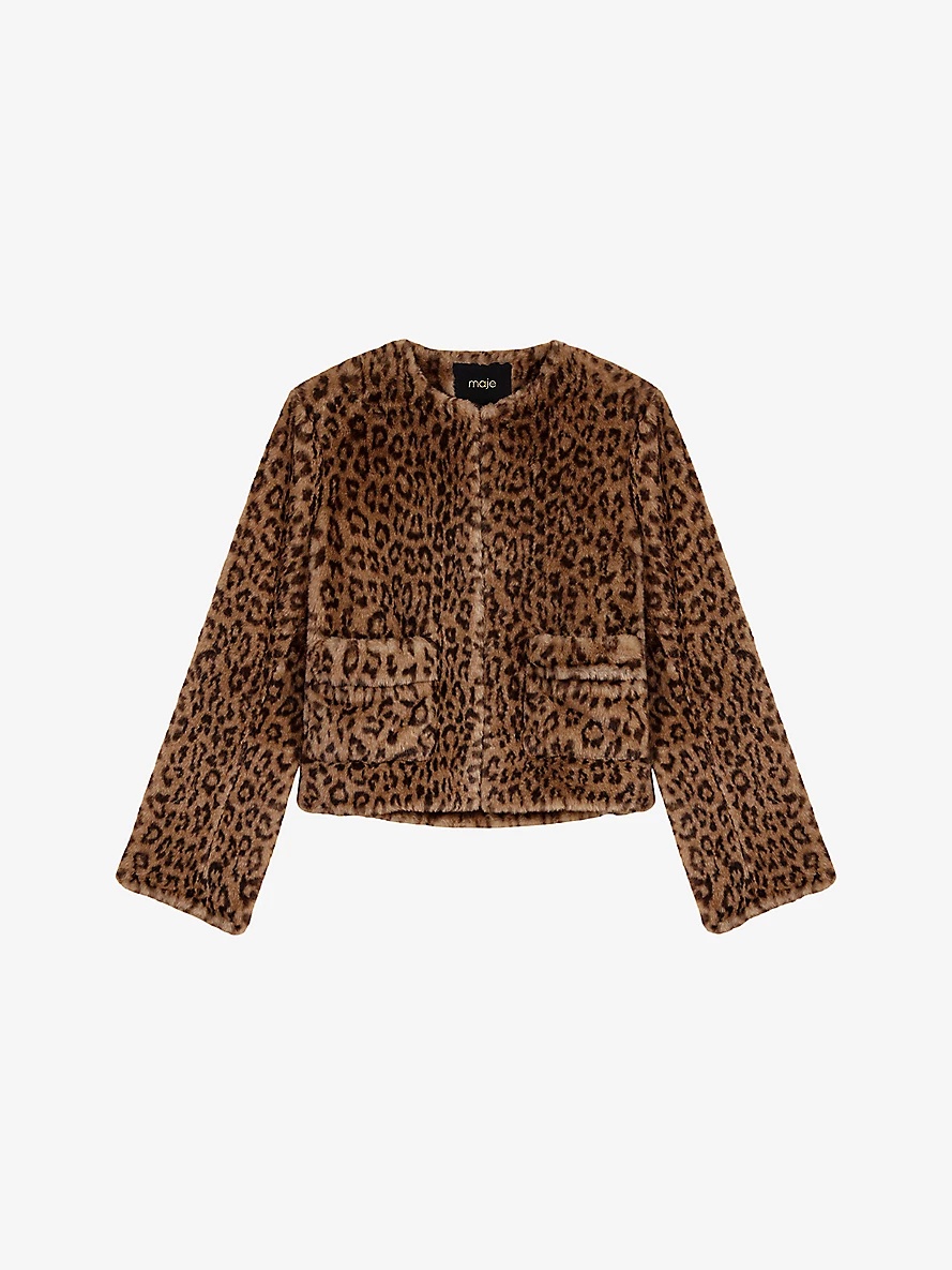 Leopard-print round-neck faux-fur jacket - 1