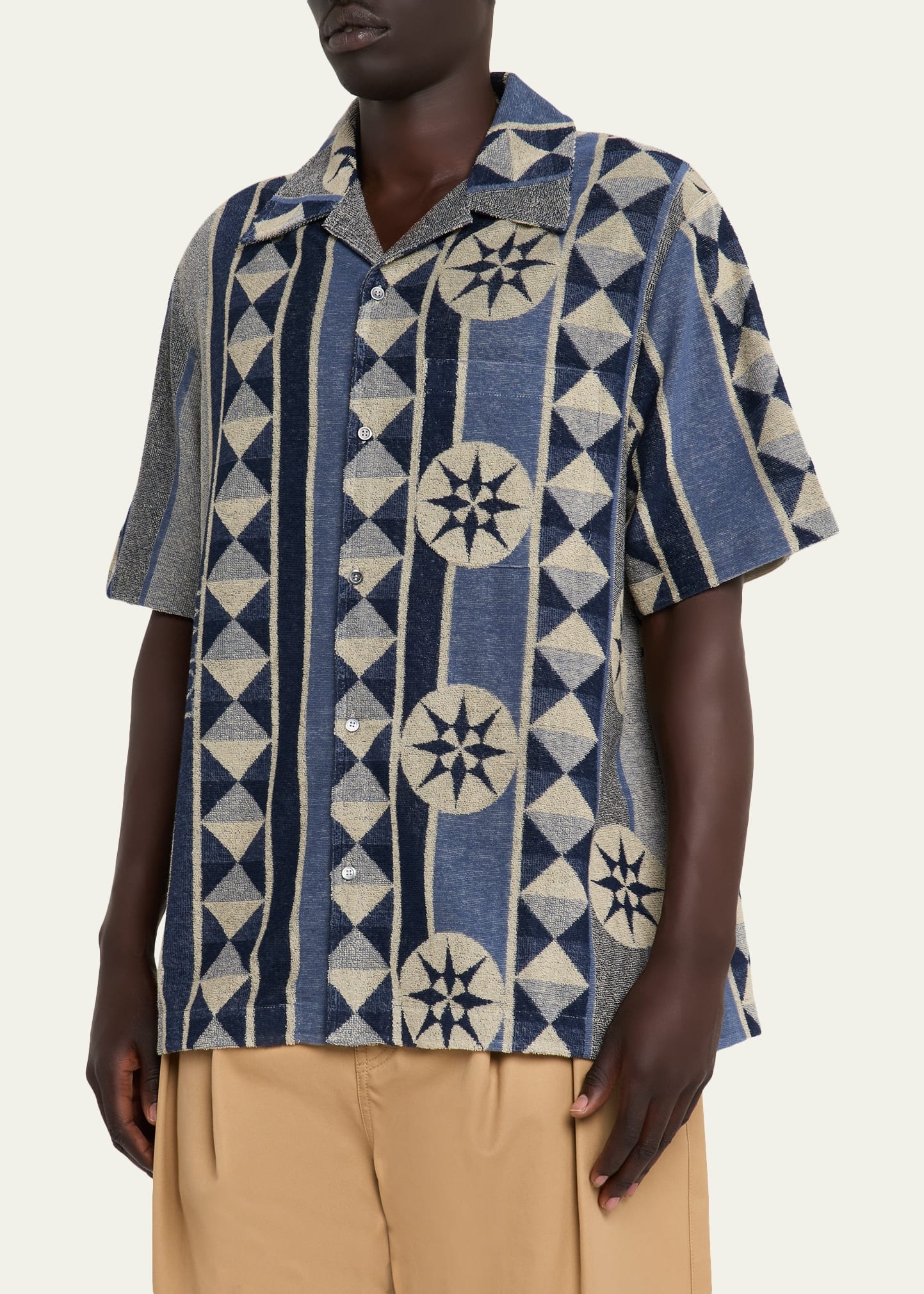 Men's Cotton Terry Compass-Print Camp Shirt - 4