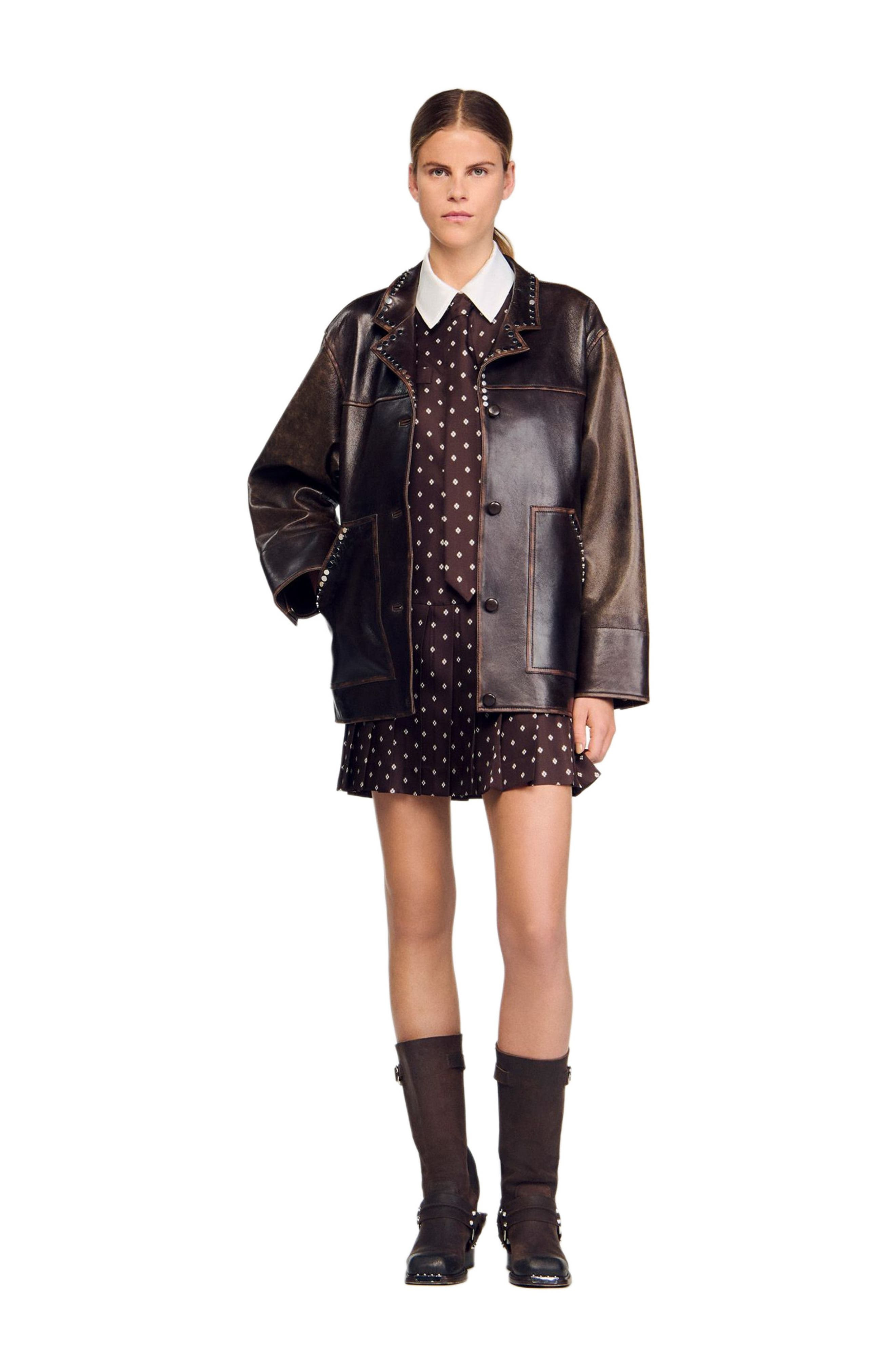 SANDRO Printed satin-effect short dress in Brown /White at Nordstrom - 7