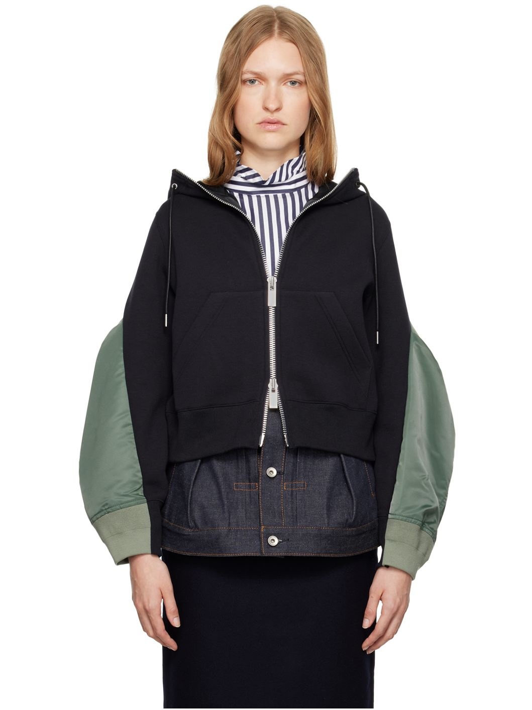 Navy & Green Paneled Hoodie - 1