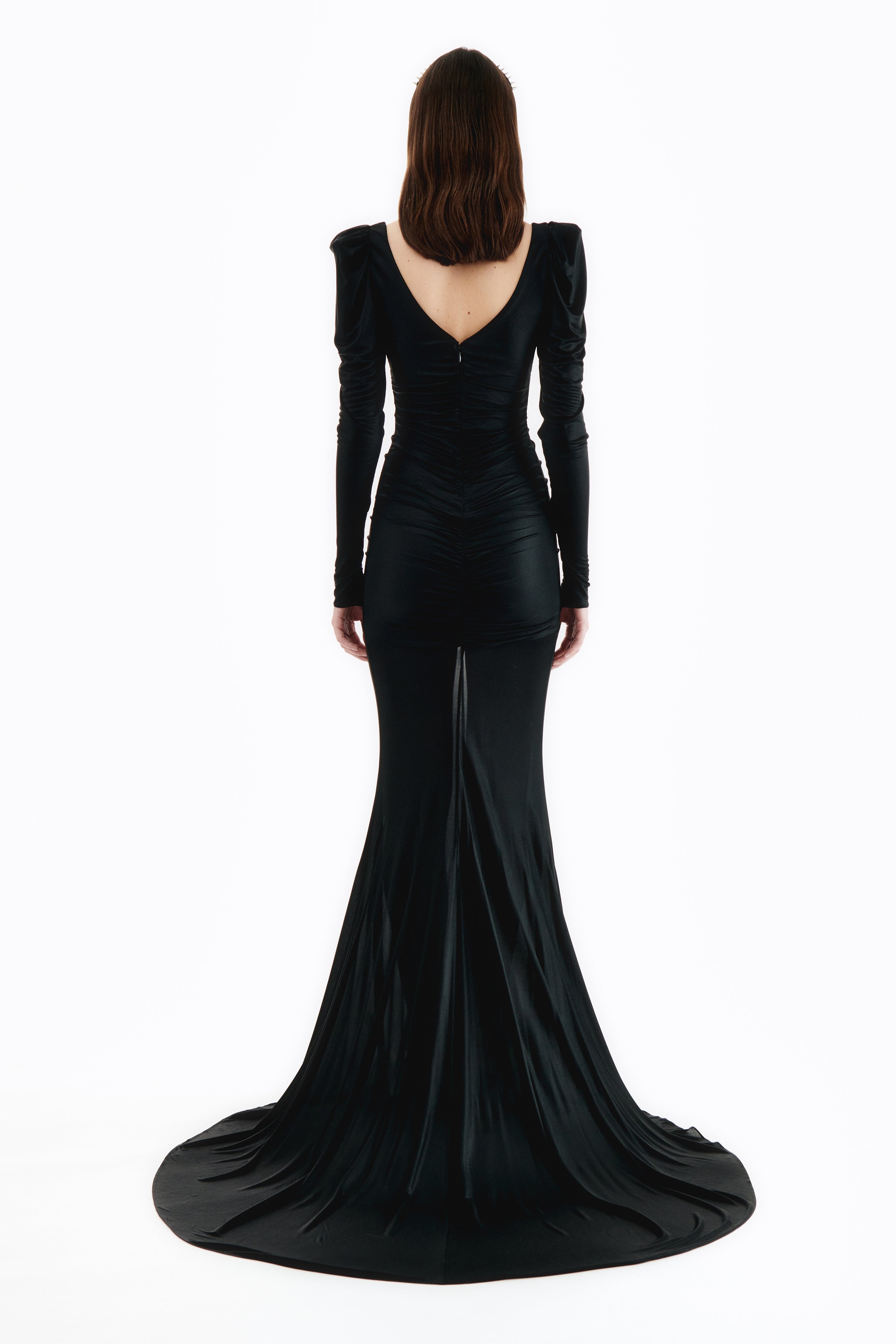 LAMINATED JERSEY DRAPED EVENING DRESS - 4