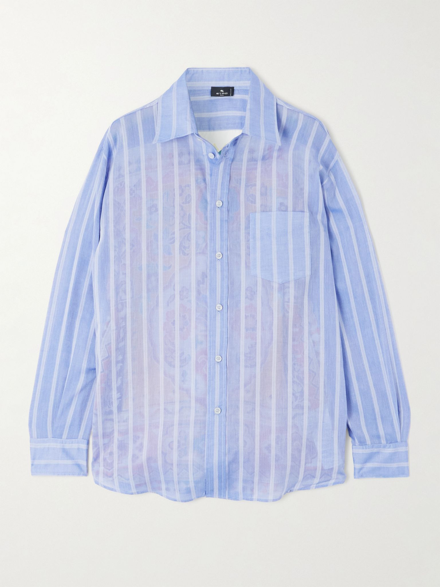 Printed silk and striped cotton-voile shirt Blue - 1