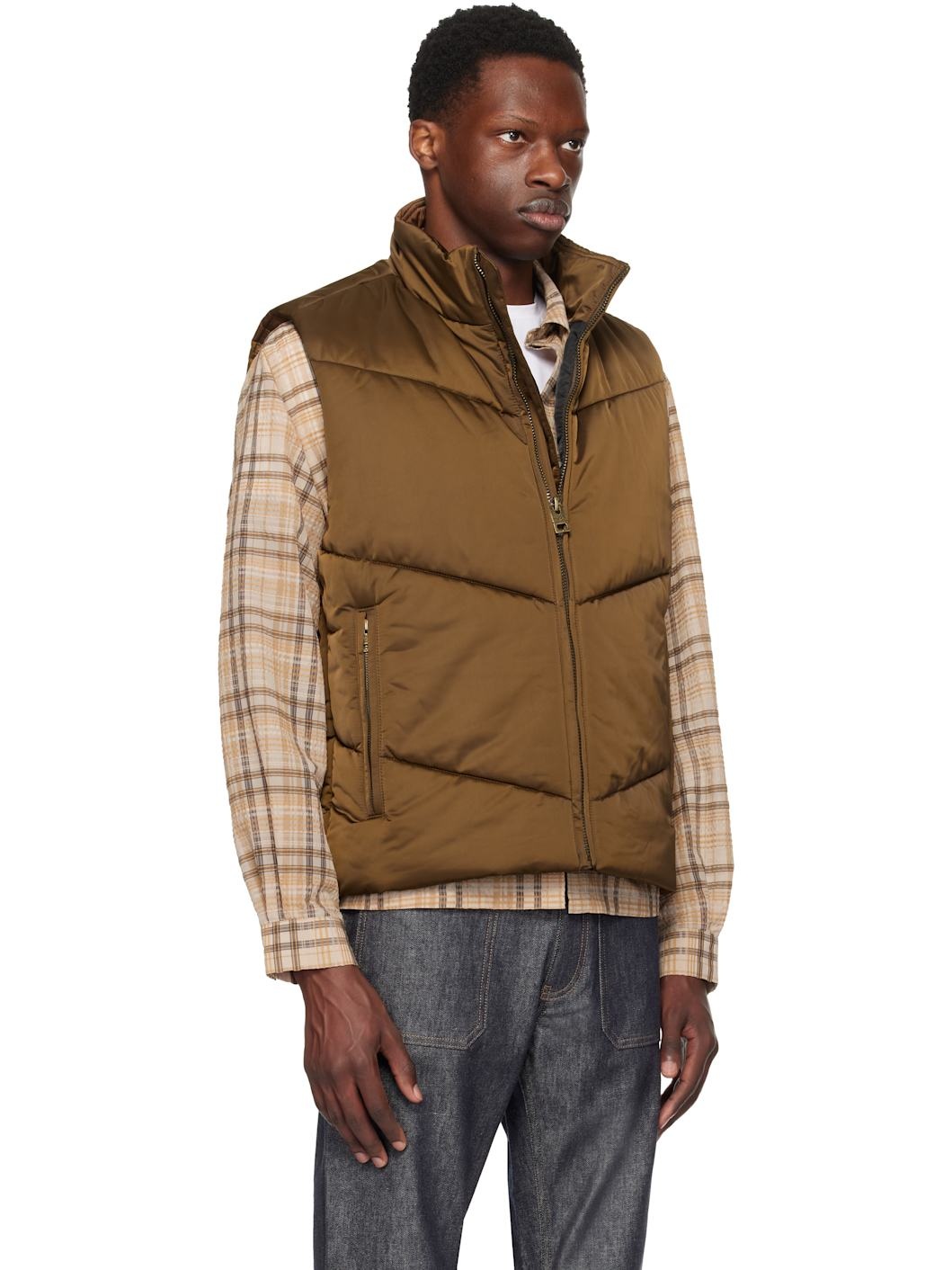 Brown Water-Repellent Padded Satin Vest - 2