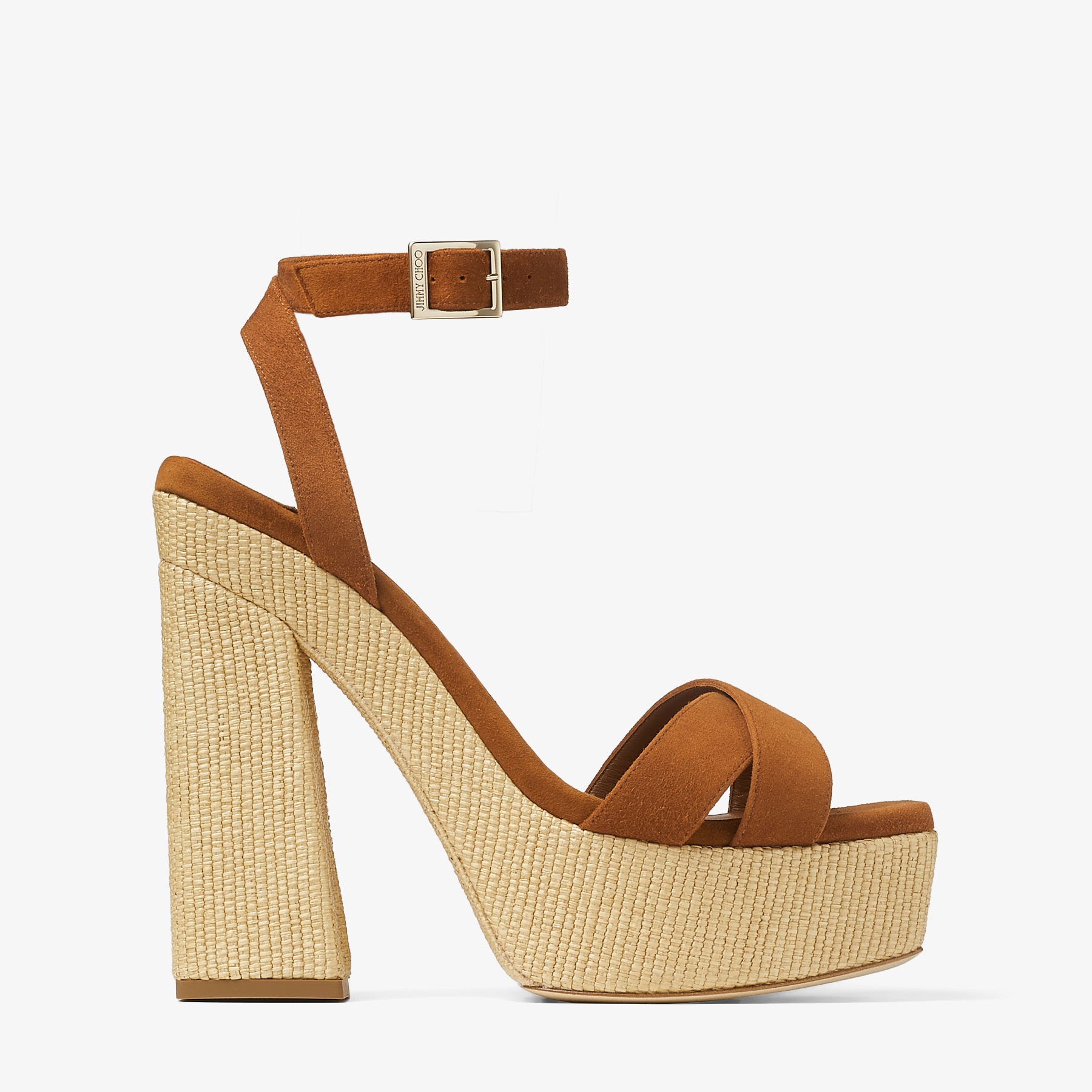 サンダル・ミュール JIMMY CHOO GAIA140 SUEDE W RAFFIA PLATFORM SANDAL JIMMY CHOO Gaia 140 Tan Suede and Natural Raffia Platform