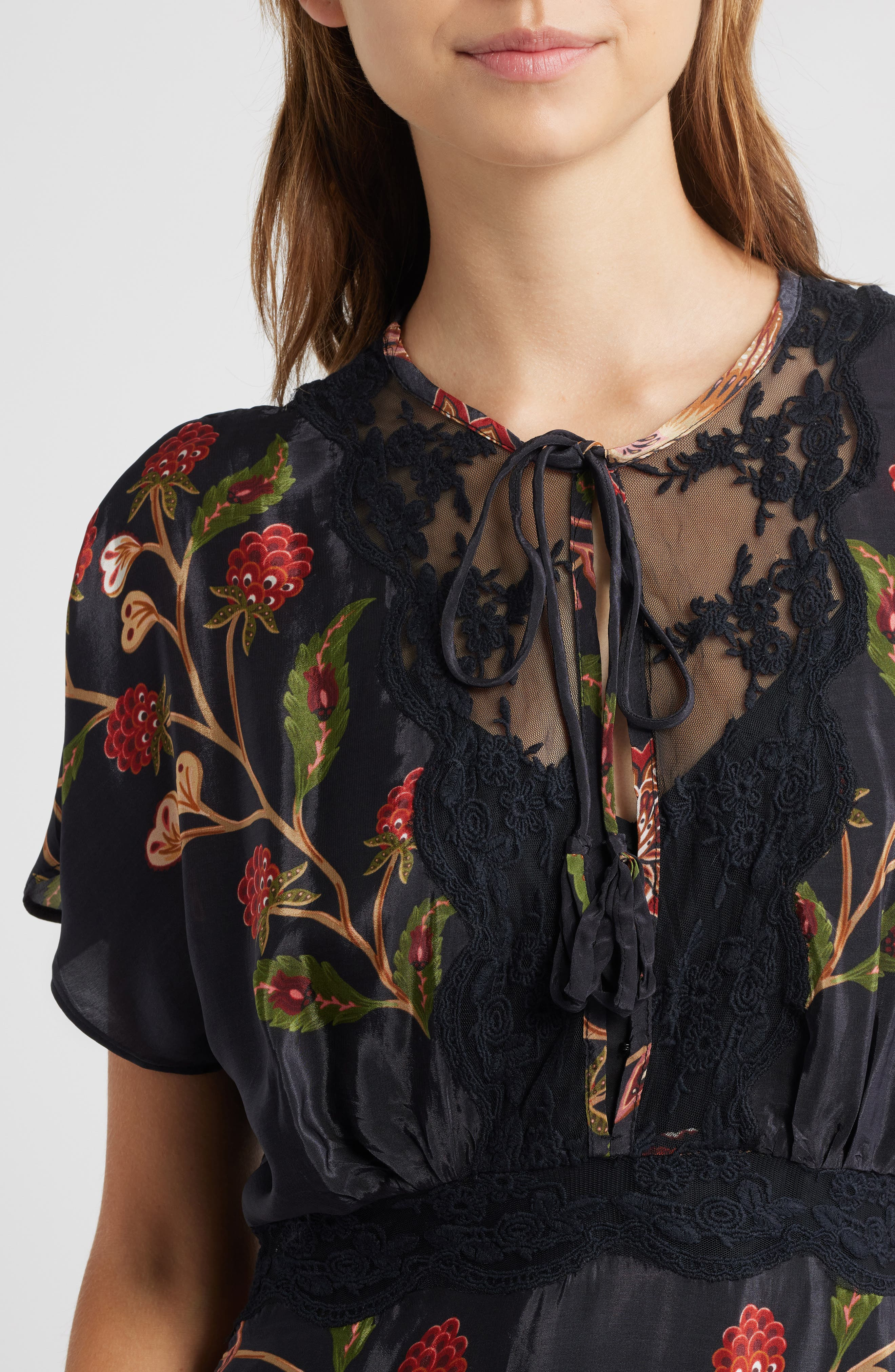 FARM Rio Berry Garden Embroidered Satin Minidress in Black at Nordstrom - 4