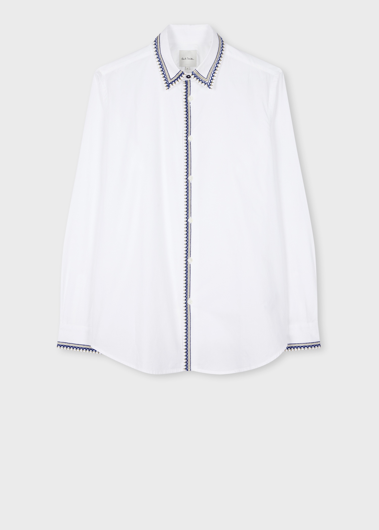 White Cotton Embroidered Trim Shirt - 1