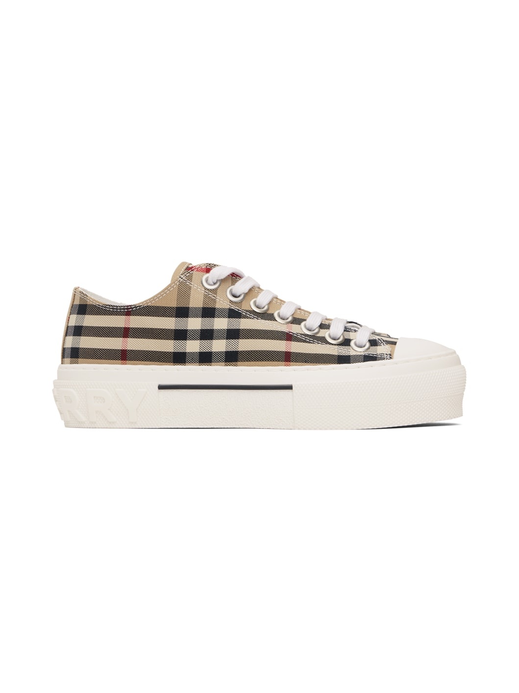 Beige Check Cotton Sneakers - 1