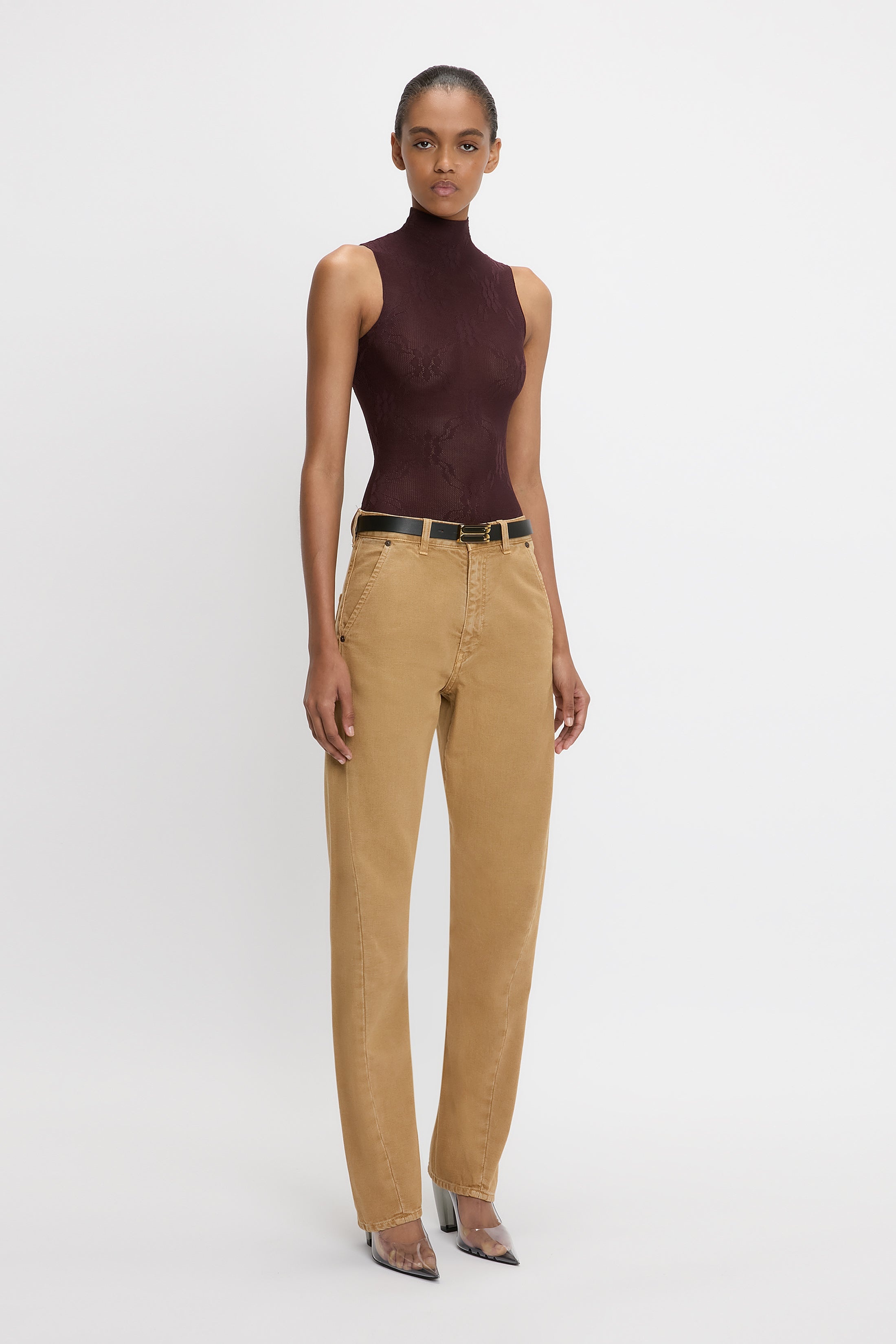 Sleeveless High Neck Bodysuit In Port - 3