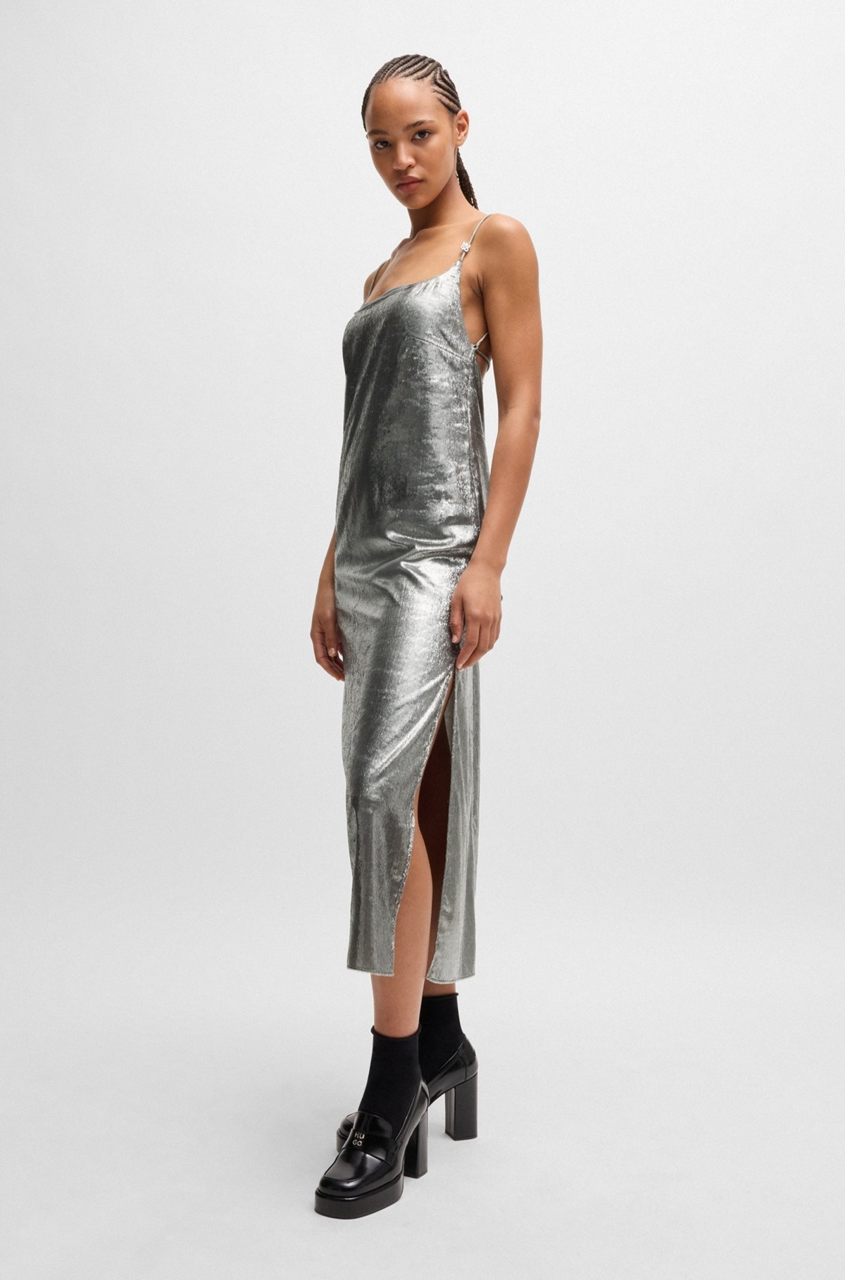 STRAPPY DRESS IN SILVER-TONE FABRIC WITH REAR TIE - 3