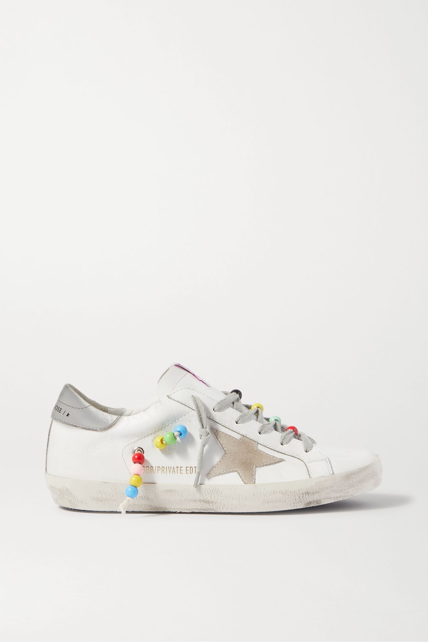 Superstar bead-embellished distressed leather and suede sneakers - 1