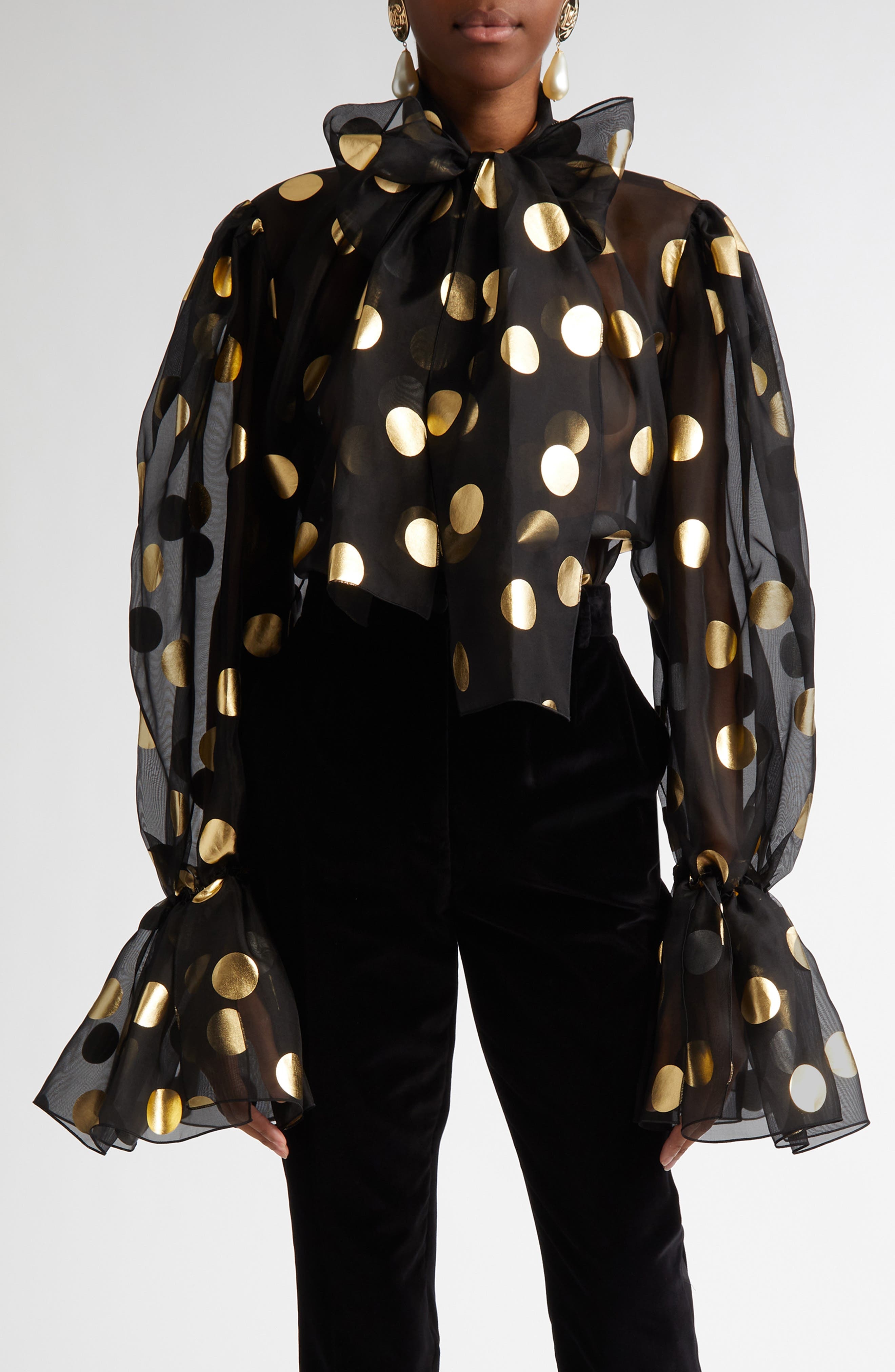 Dolce&Gabbana Polka Dot Bow Bell Sleeve Sheer Silk Top in Hnlm0 Oro Nero at Nordstrom - 1