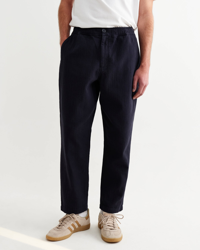 Wax London Kurt - Navy Crinkle Cotton-Linen Relaxed Fit Trousers outlook