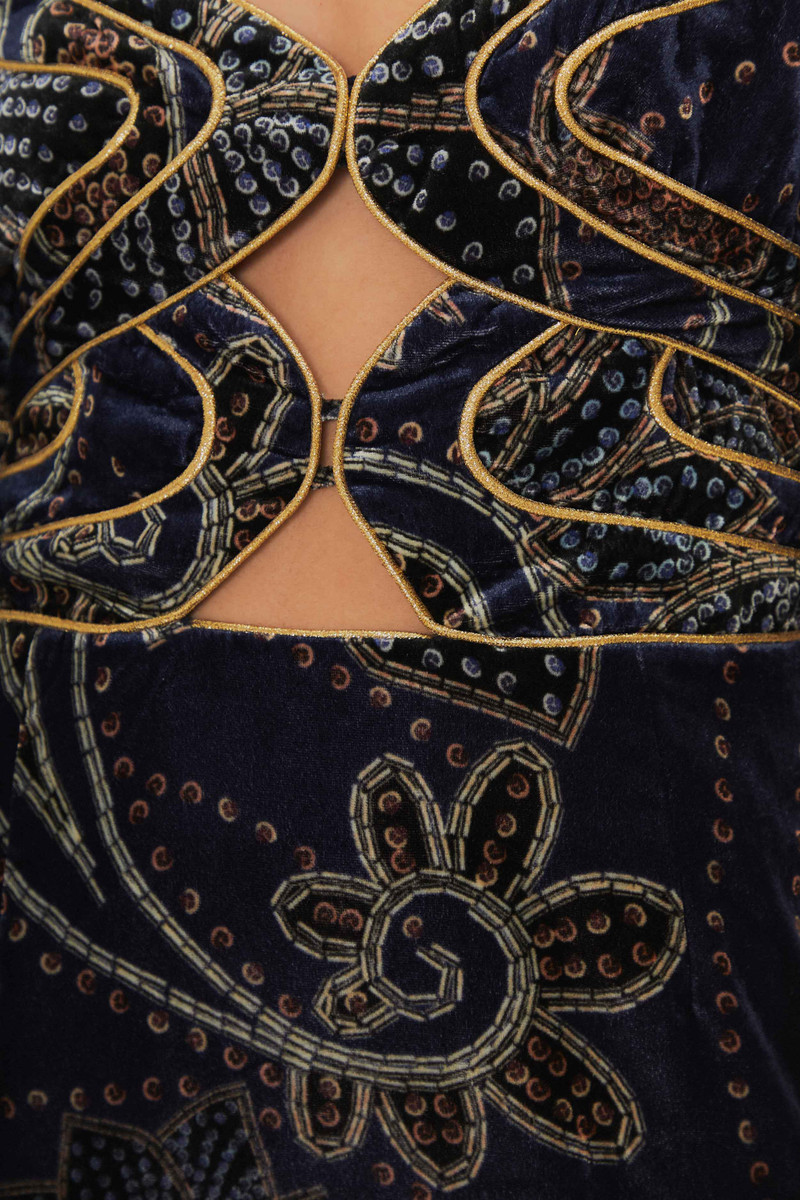 Blue Floral Glam Scarf Velvet Mini Dress 5