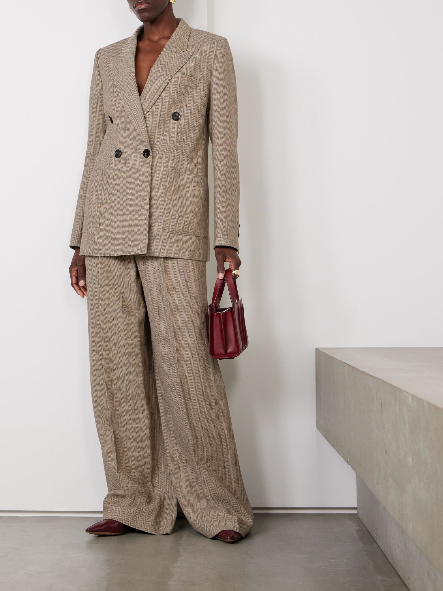 Genny double-breasted herringbone linen blazer Brown - 2