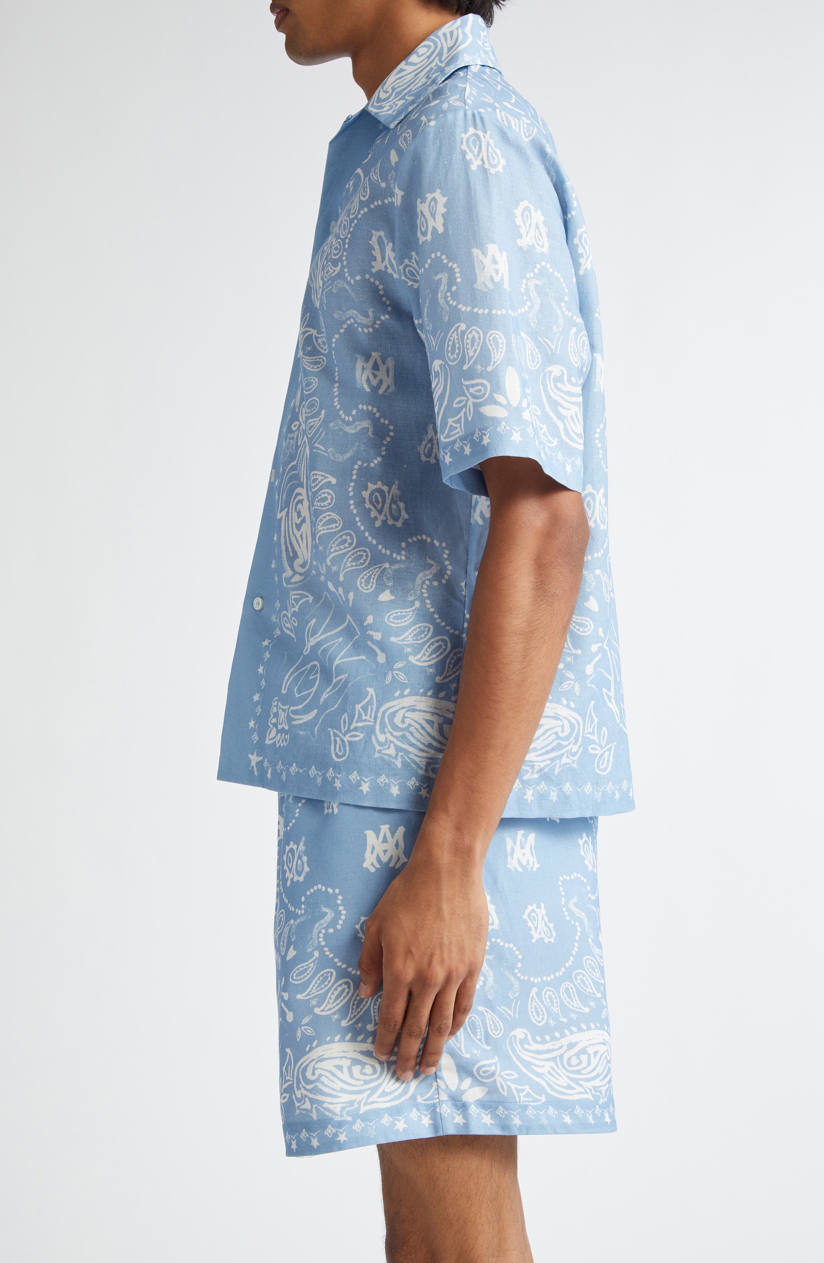 AMIRI Watercolor Bandana Linen & Cotton Camp Shirt in Cerulean at Nordstrom - 4