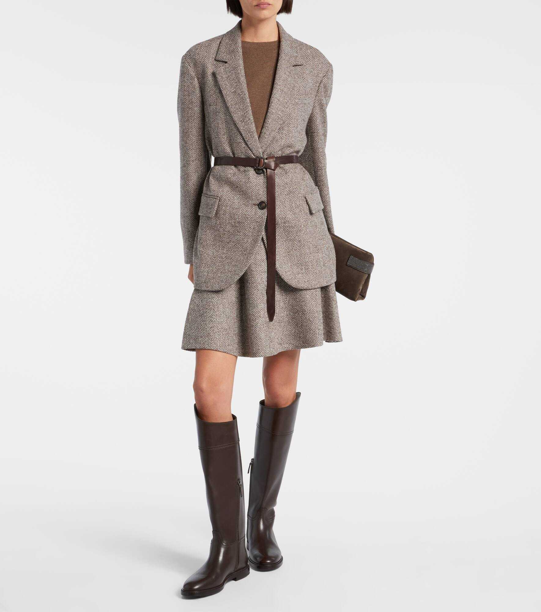 Belted herringbone wool-blend blazer - 2