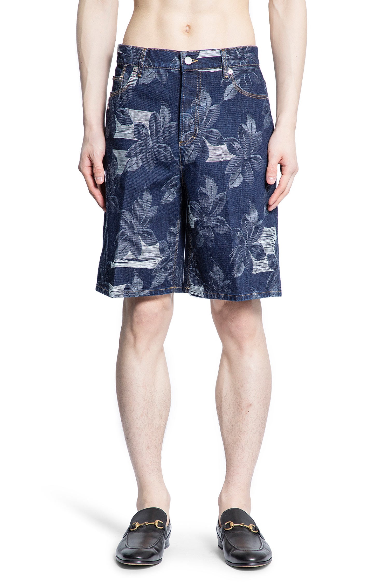 Denim-Floral-Jacquard-Shorts - 1