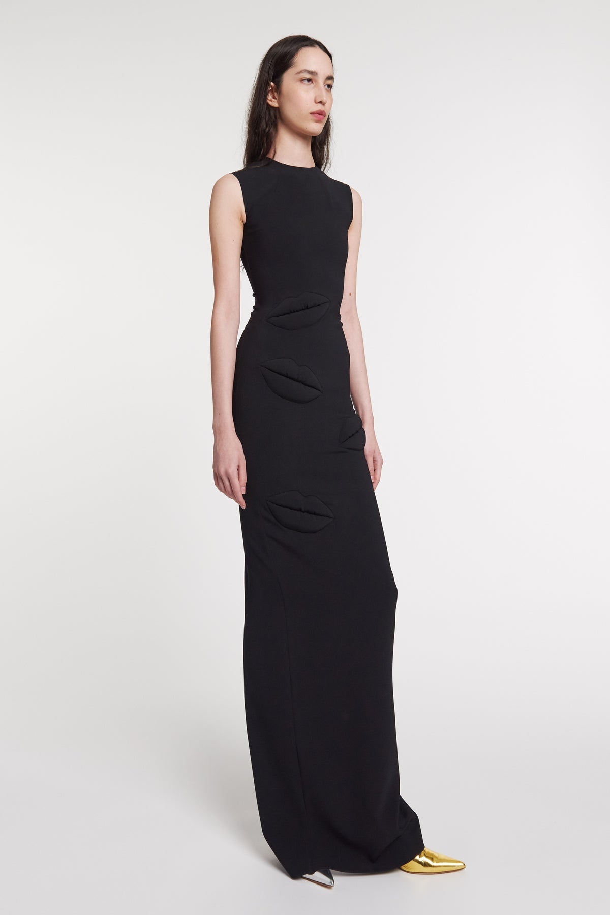 FITTED MAXI DRESS WITH MULTI LIP APPLIQUÉ BLACK - 5