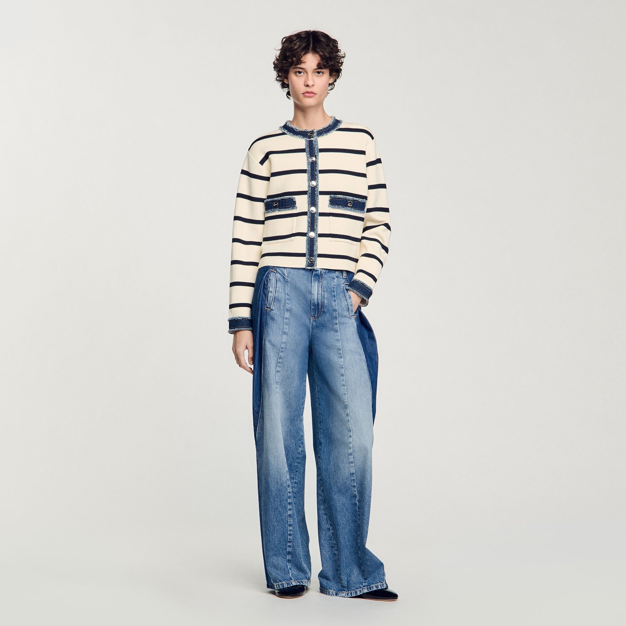STRIPED CARDIGAN WITH DENIM DETAILS - 1