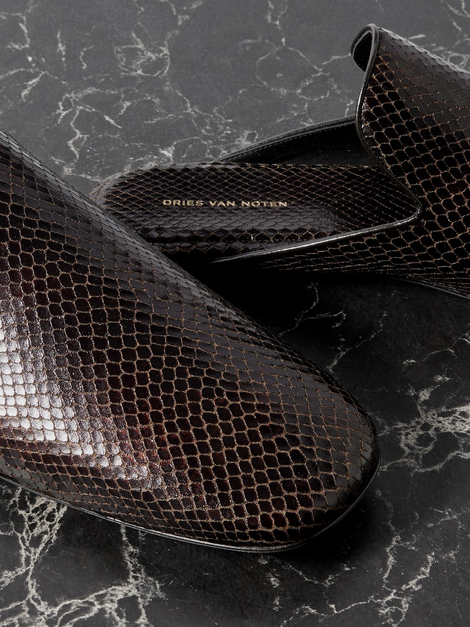 Snake-effect leather mules Dark brown - 4