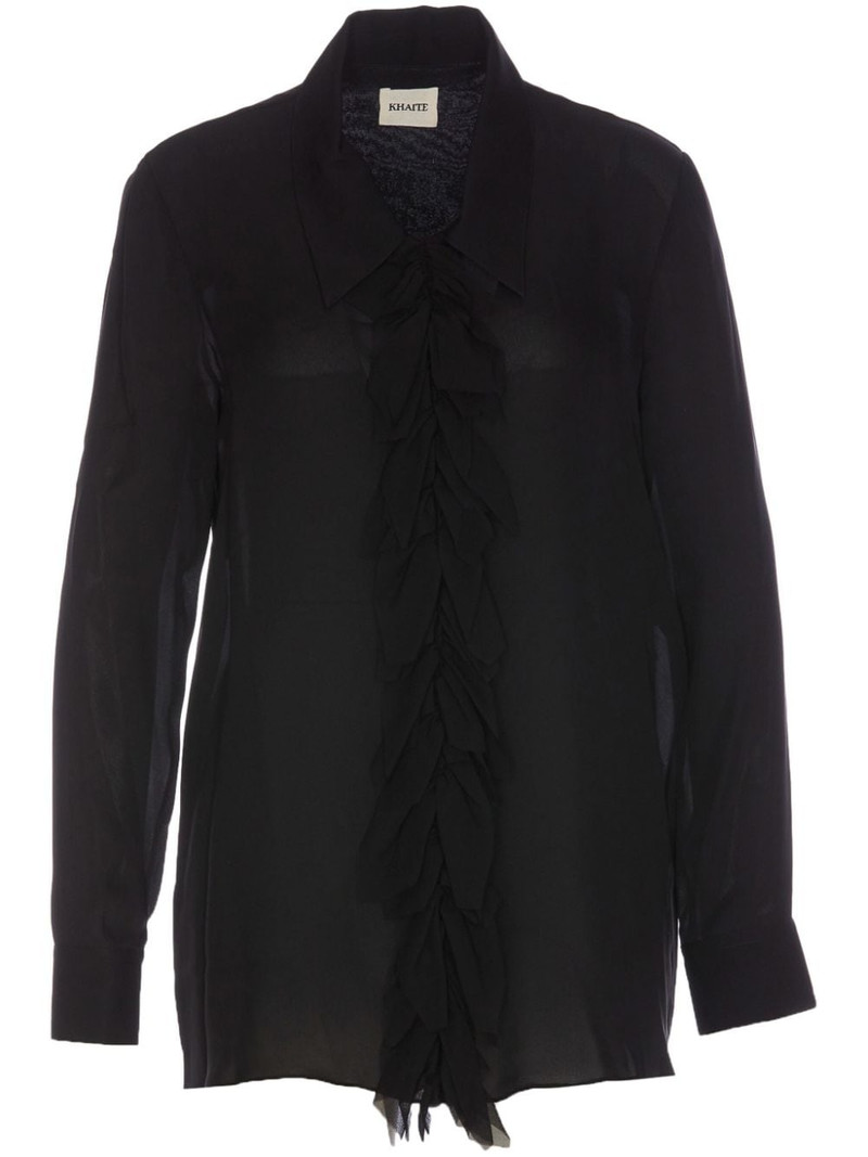 KHAITE Luka frayed ruffled silk crepe de chine shirt outlook