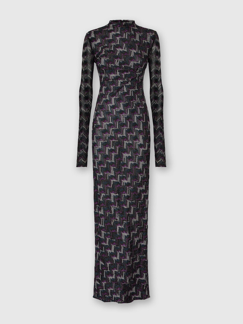 High-neck long dress with embroidered lace 1