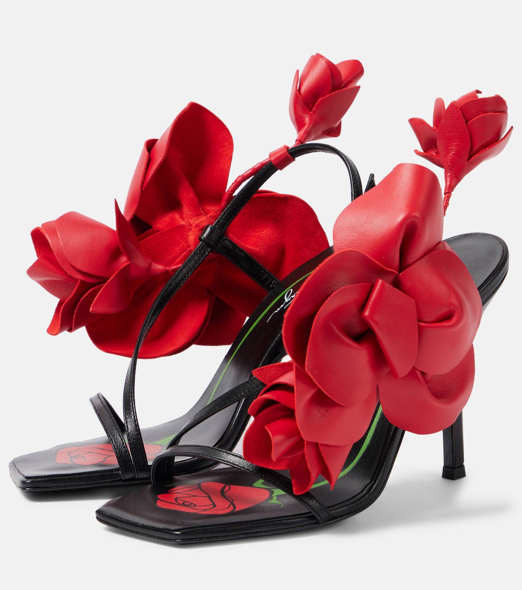 Floral-appliqué leather slingback sandals - 5