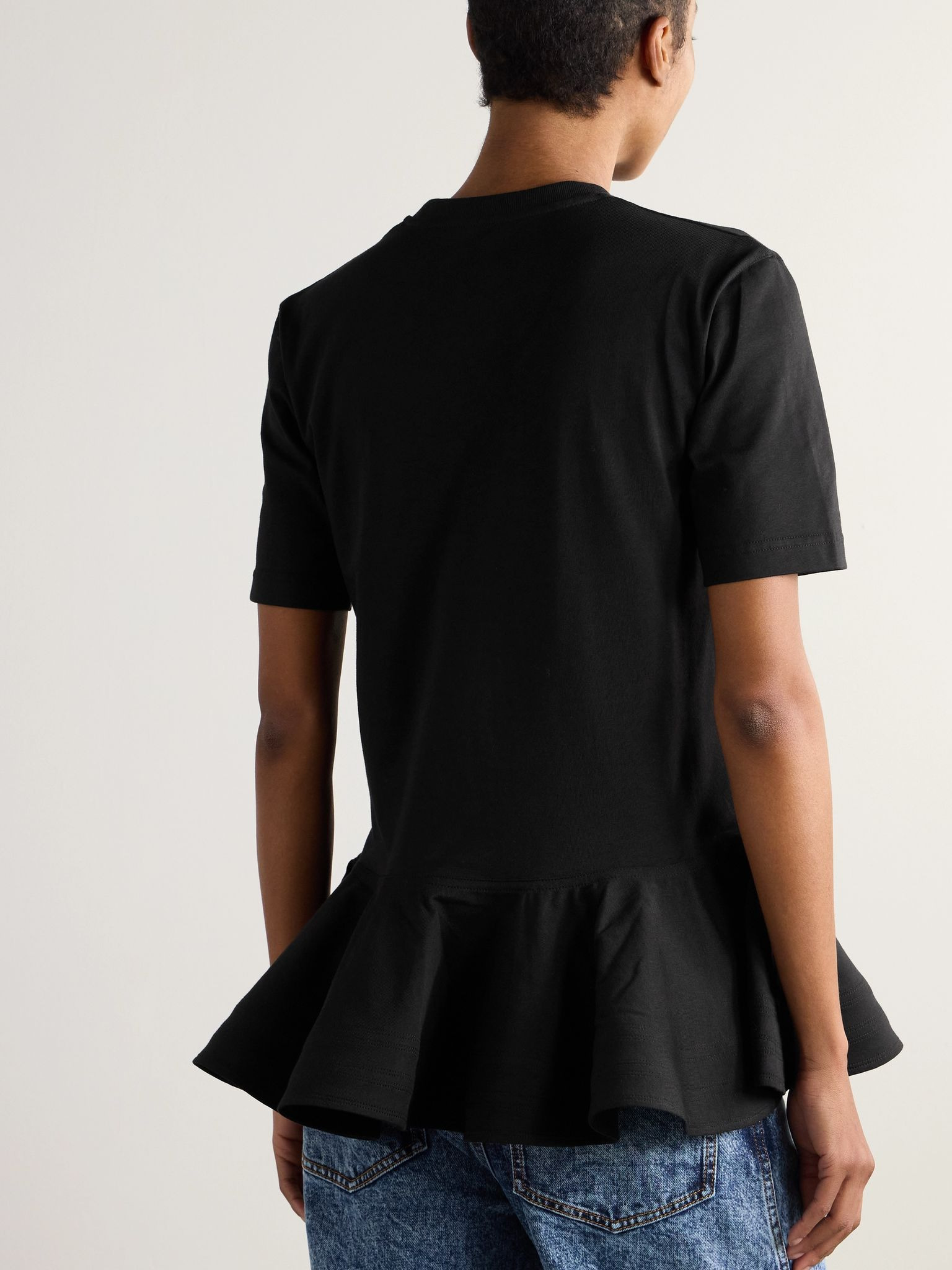 Oversized poplin-trimmed cotton-jersey peplum T-shirt Black - 3
